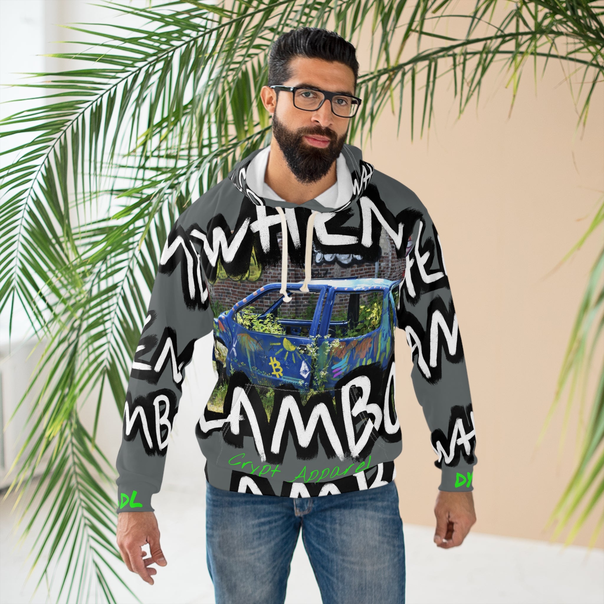 When Lambo Bitcoin inspired Crypto Graffiti Hoodie | All-Over Print Bitcoin Car Sweatshirt