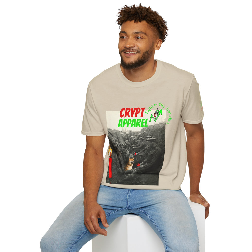 The Trenches Crypto T‑Shirt — 'Crypt Apparel' Graphic Tee with Candlesticks Design