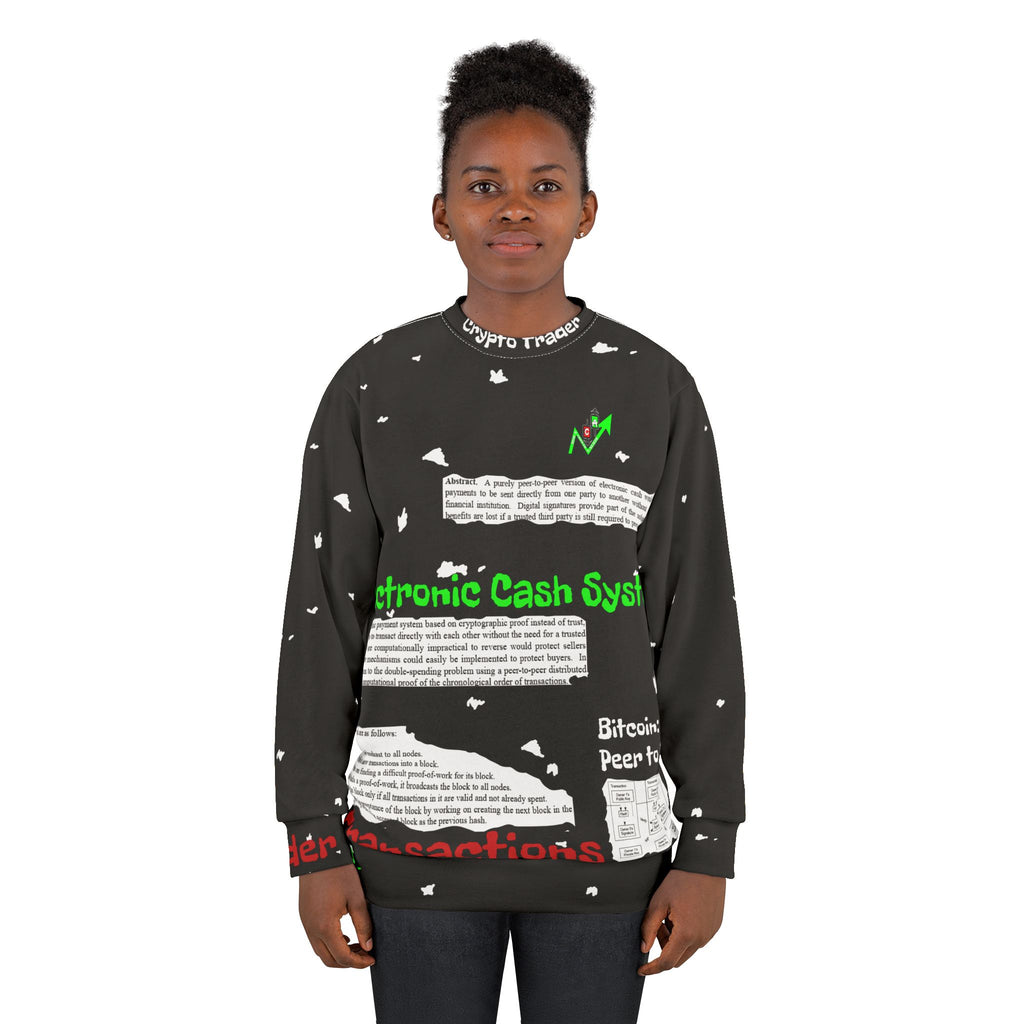 Crypt Apparel Bitcoin inspired Sweatshirt | Crypto White Paper Text All-Over Print