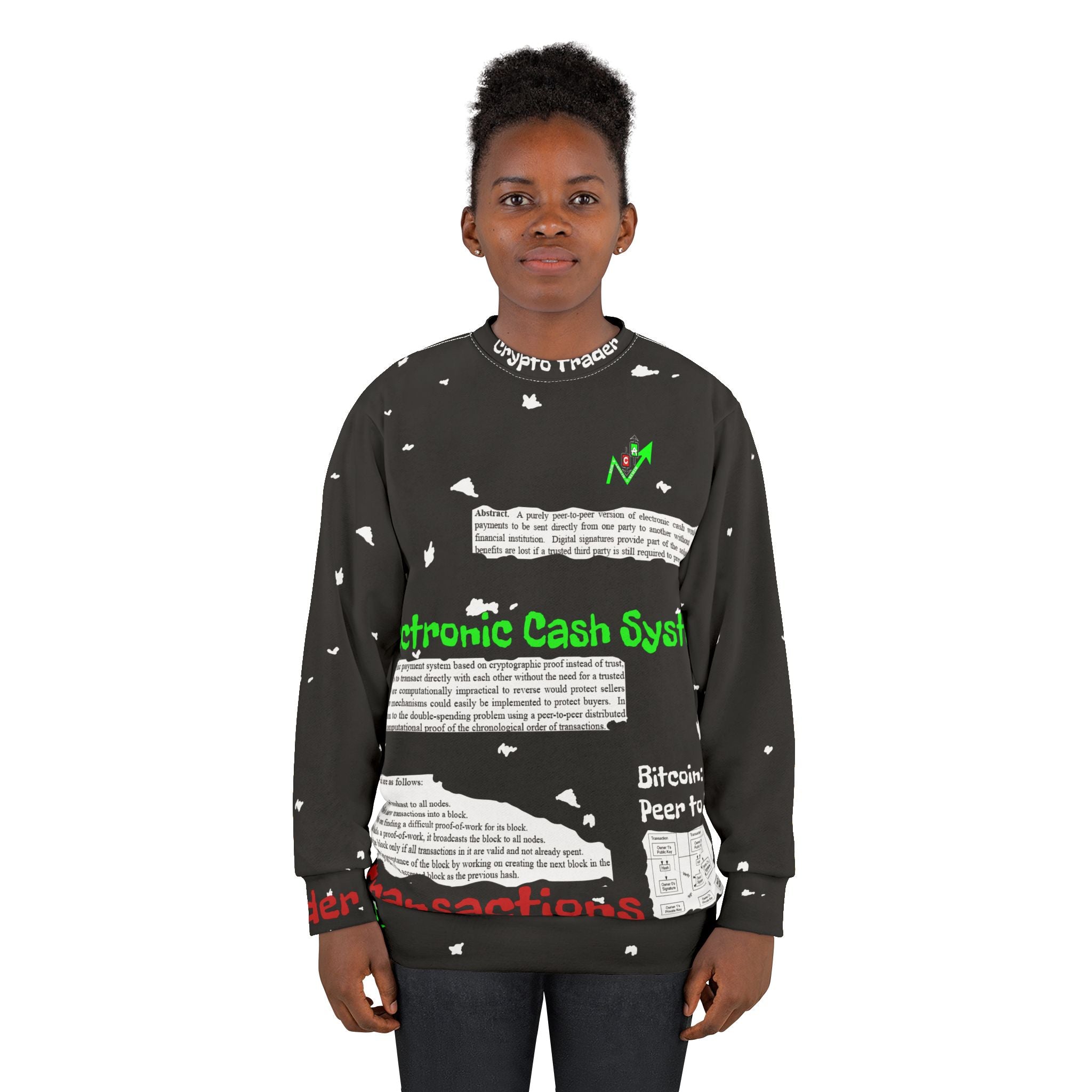 Crypt Apparel Bitcoin inspired Sweatshirt | Crypto White Paper Text All-Over Print