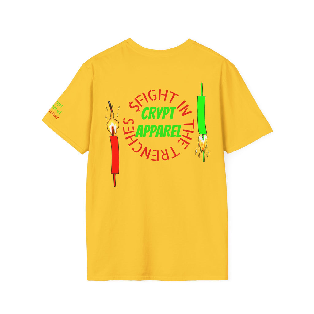 The Trenches Crypto T‑Shirt — 'Crypt Apparel' Graphic Tee with Candlesticks Design