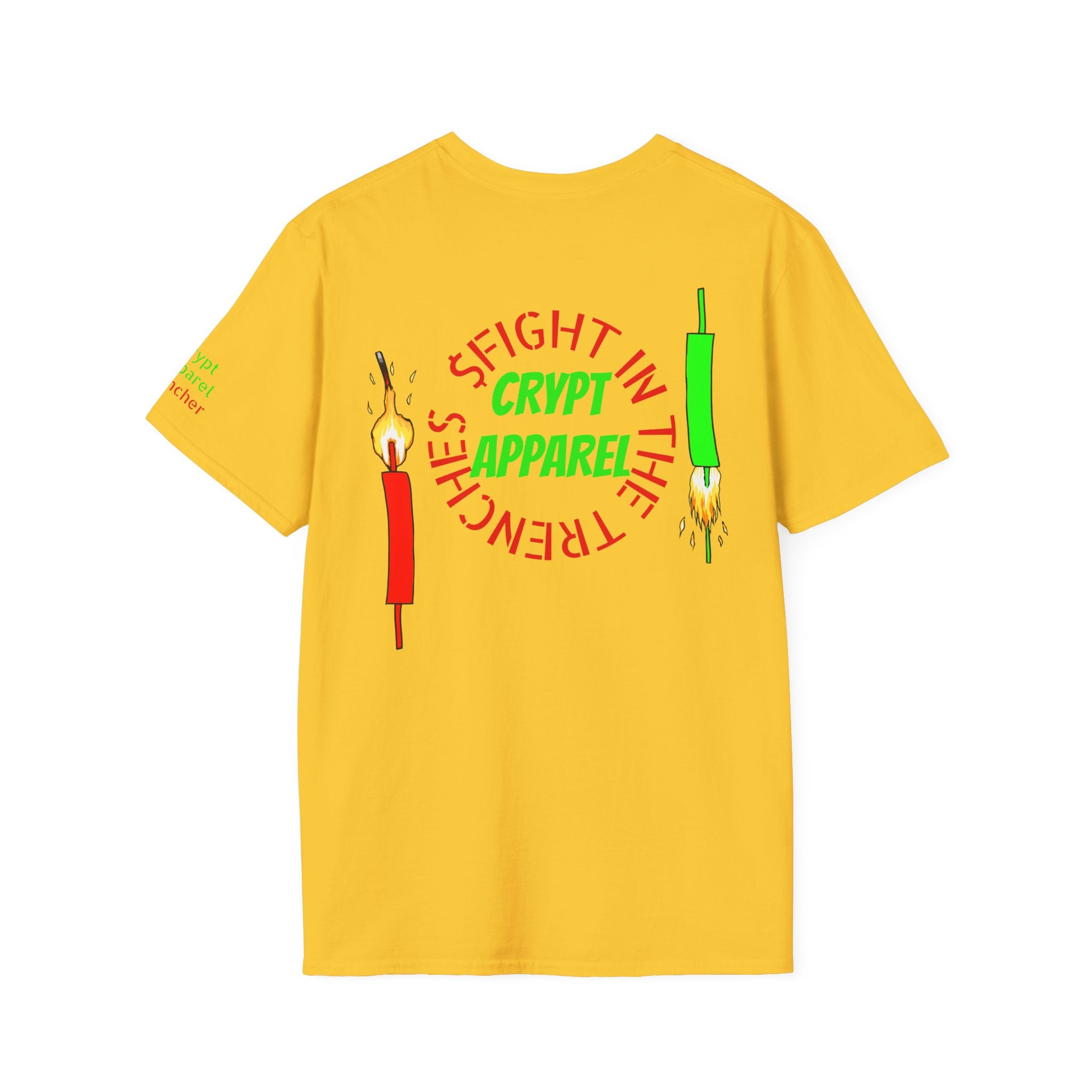 The Trenches Crypto T‑Shirt — 'Crypt Apparel' Graphic Tee with Candlesticks Design
