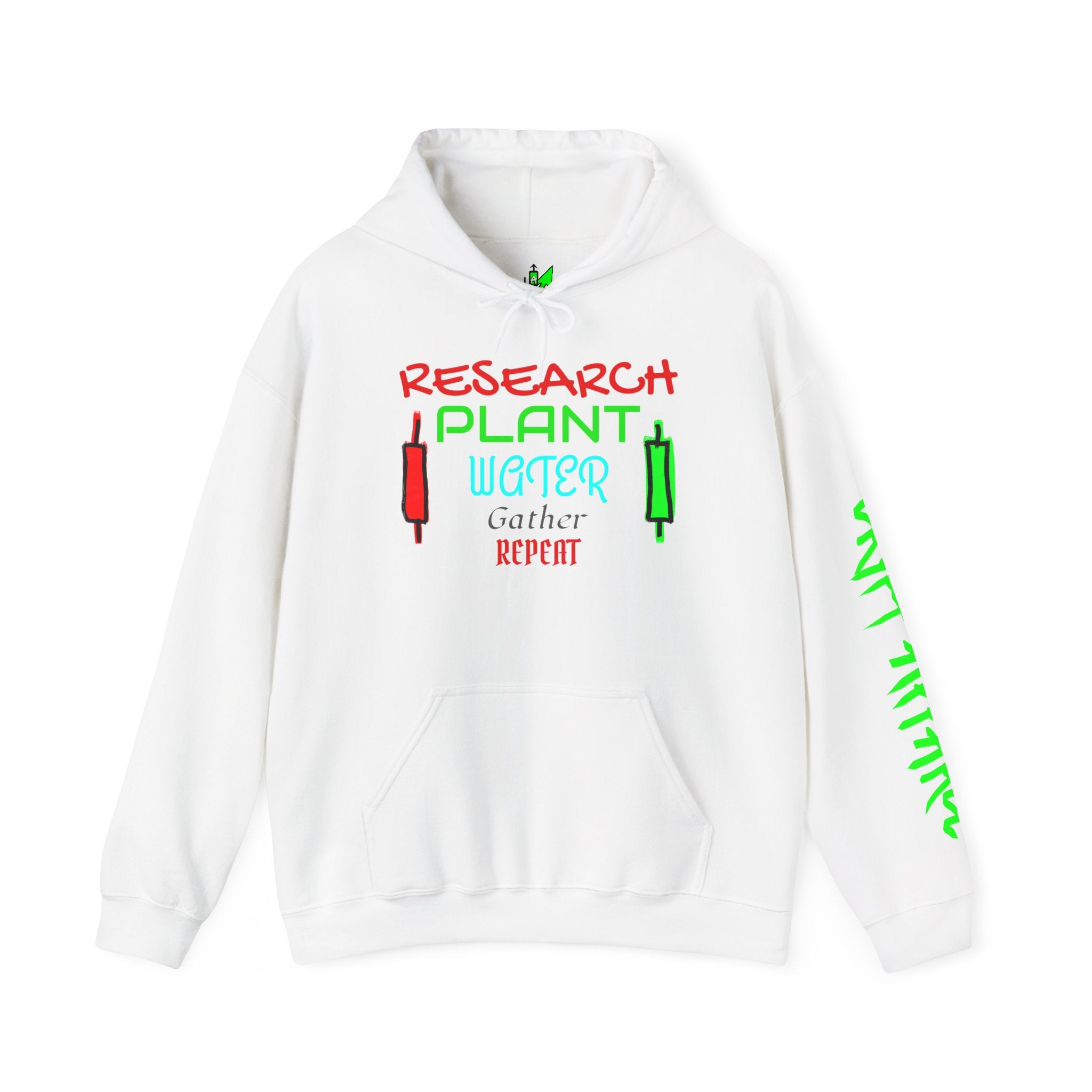 White Crypt Apparel Hoodie featuring crypto and stock trading candles.  Slogan for investment gains.