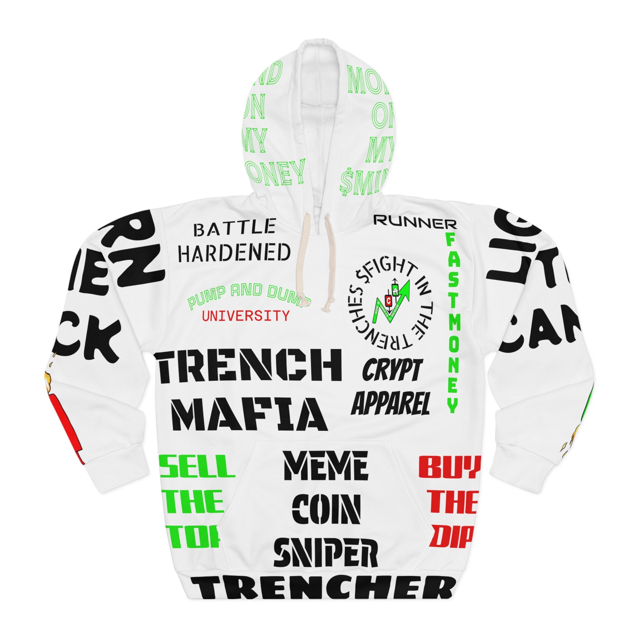 White Crypto Meme Coin Trenches Hoodie by Crypt Apparel