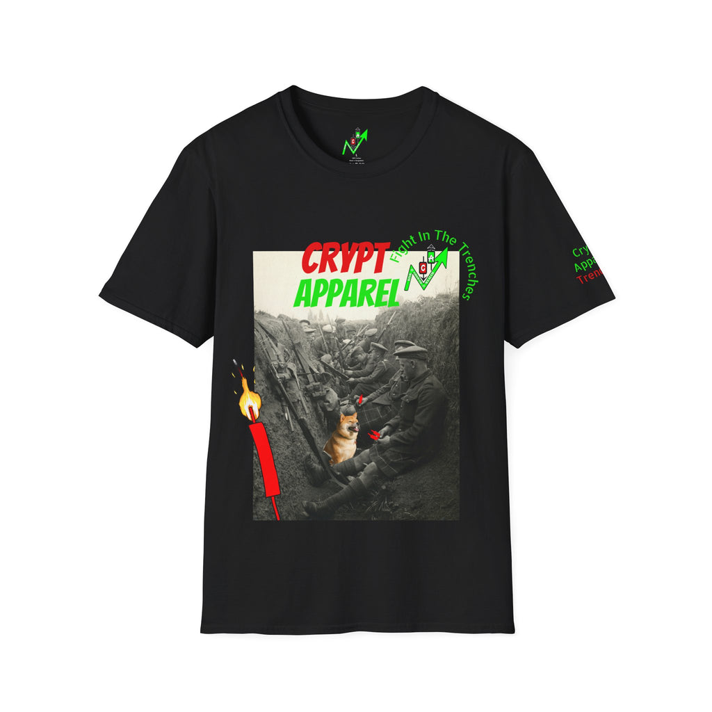 The Trenches Crypto T‑Shirt — 'Crypt Apparel' Graphic Tee with Candlesticks Design