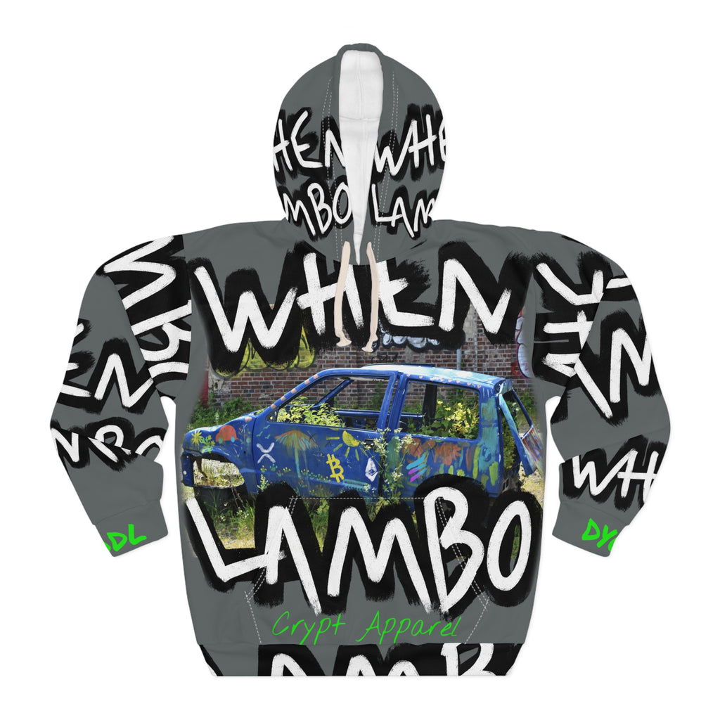 Crypto graphic design featuring graffiti car, when lambo slogan, DYOR, HODL by Crypt Apparel
