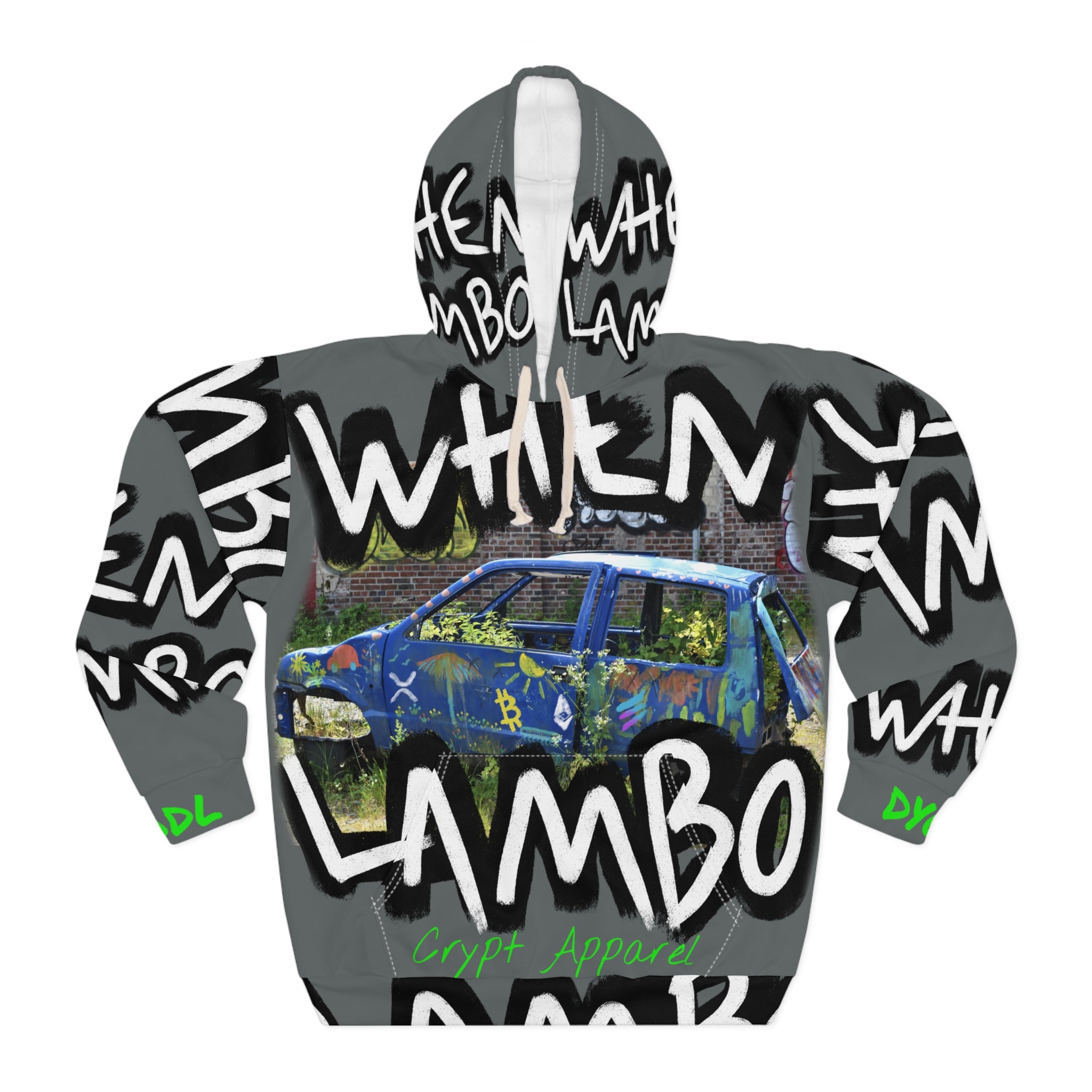 Crypto graphic design featuring graffiti car, when lambo slogan, DYOR, HODL by Crypt Apparel