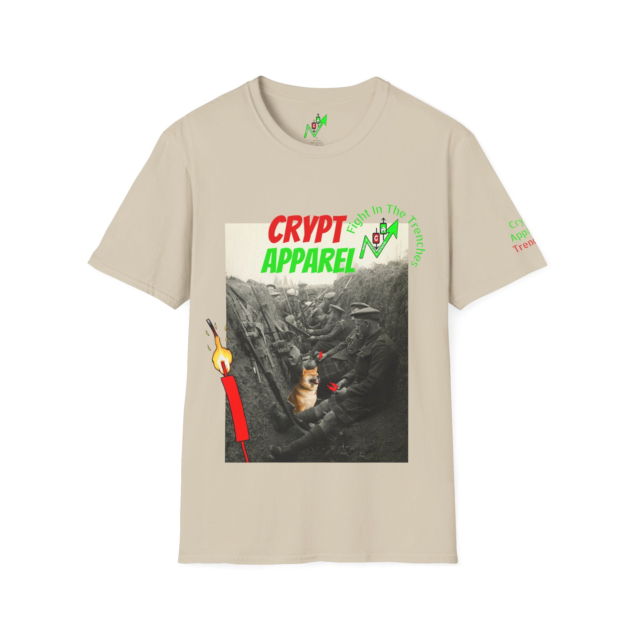 The Trenches Crypto T‑Shirt — 'Crypt Apparel' Graphic Tee with Candlesticks Design