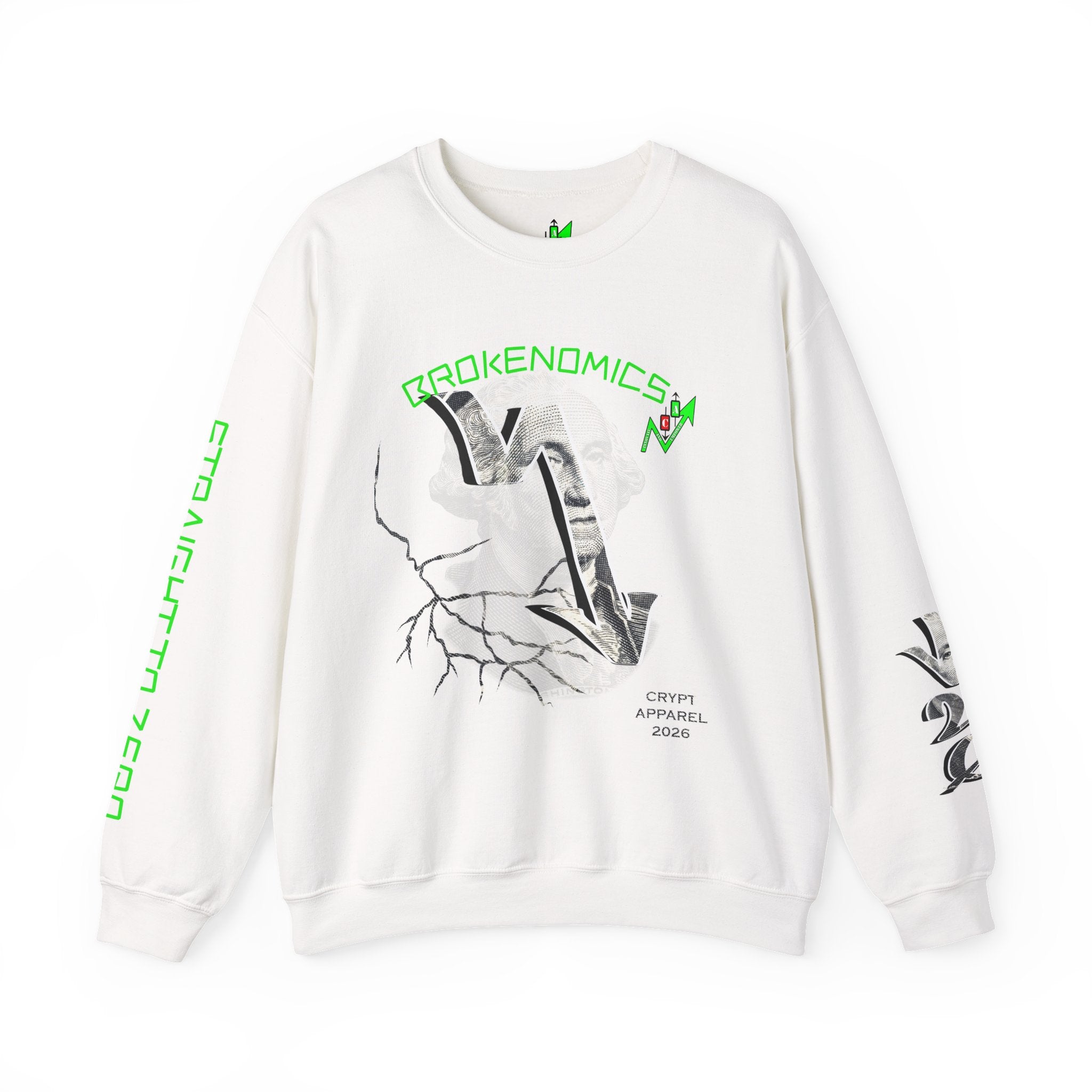 Brokenomics Crypto Crewneck Sweatshirt — Crypt Apparel Graphic Pullover with Neon Green Accents