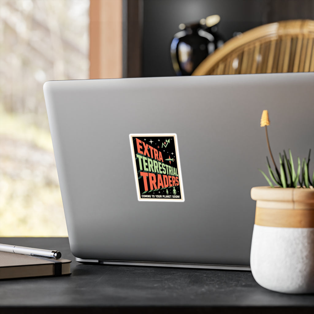 Retro Alien Crypto Movie Poster Kiss-Cut Vinyl Sticker — “Extra Terrestrial Traders”