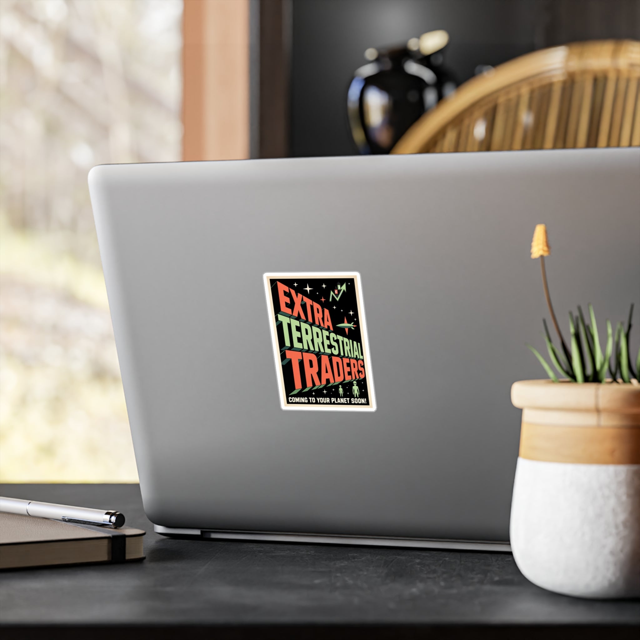 Retro Alien Crypto Movie Poster Kiss-Cut Vinyl Sticker — “Extra Terrestrial Traders”