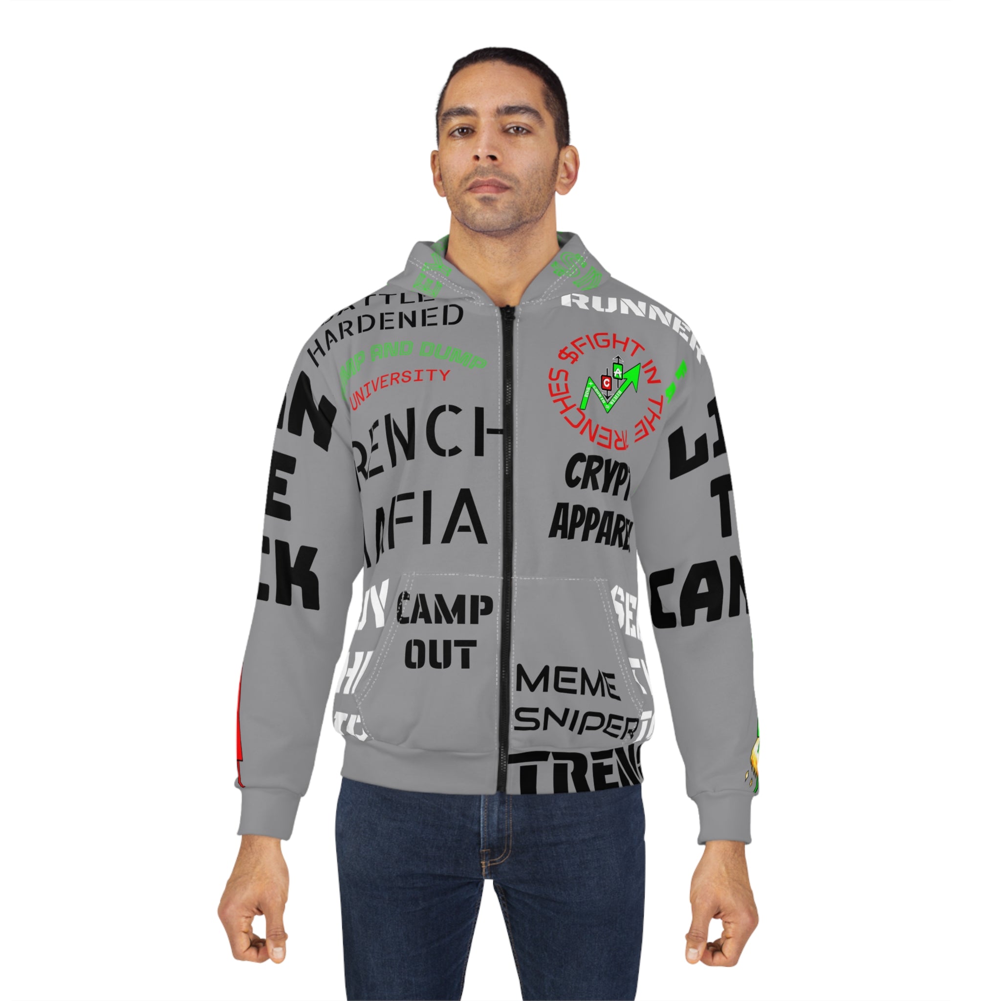 The Trenches Graphic Zip Hoodie — Crypt Apparel AOP Crypto Design
