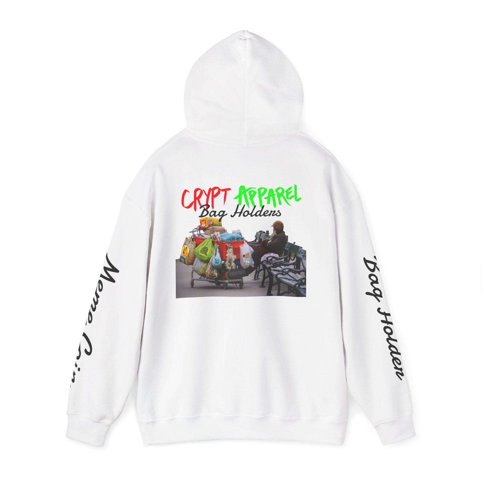Crypto Meme Coin Bag Holders Hoodie featuring hopeless trading humor by Crypt Apparel