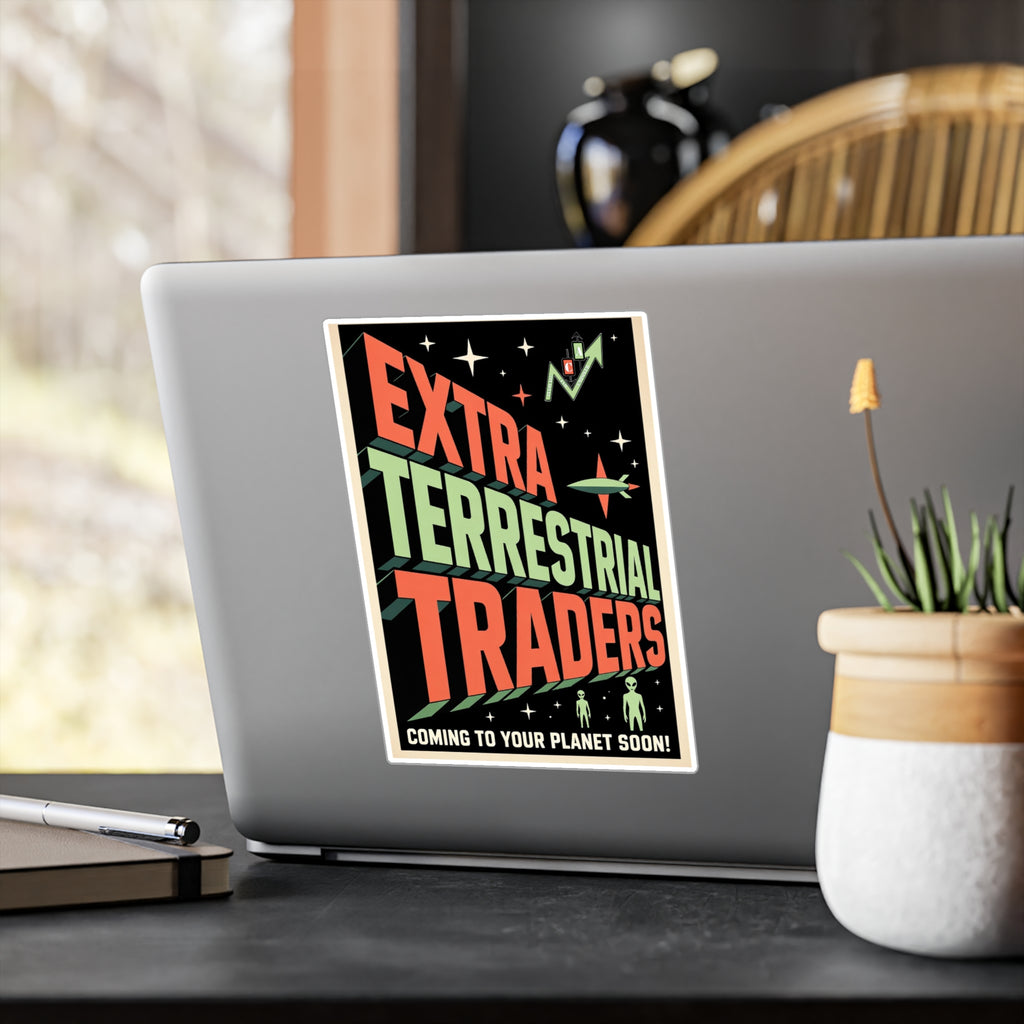 Retro Alien Crypto Movie Poster Kiss-Cut Vinyl Sticker — “Extra Terrestrial Traders”