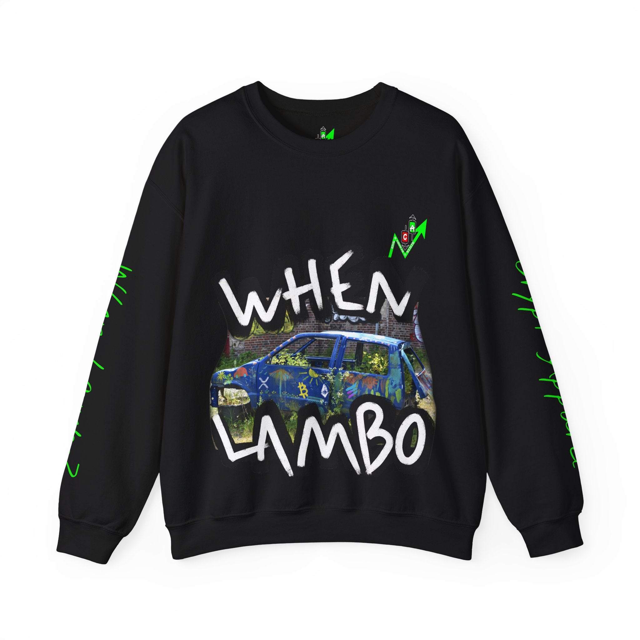 When Lambo Bitcoin inspired graphic crewneck sweatshirt featuring a graffiti car, Hodl, Dyor by Crypt Apparel