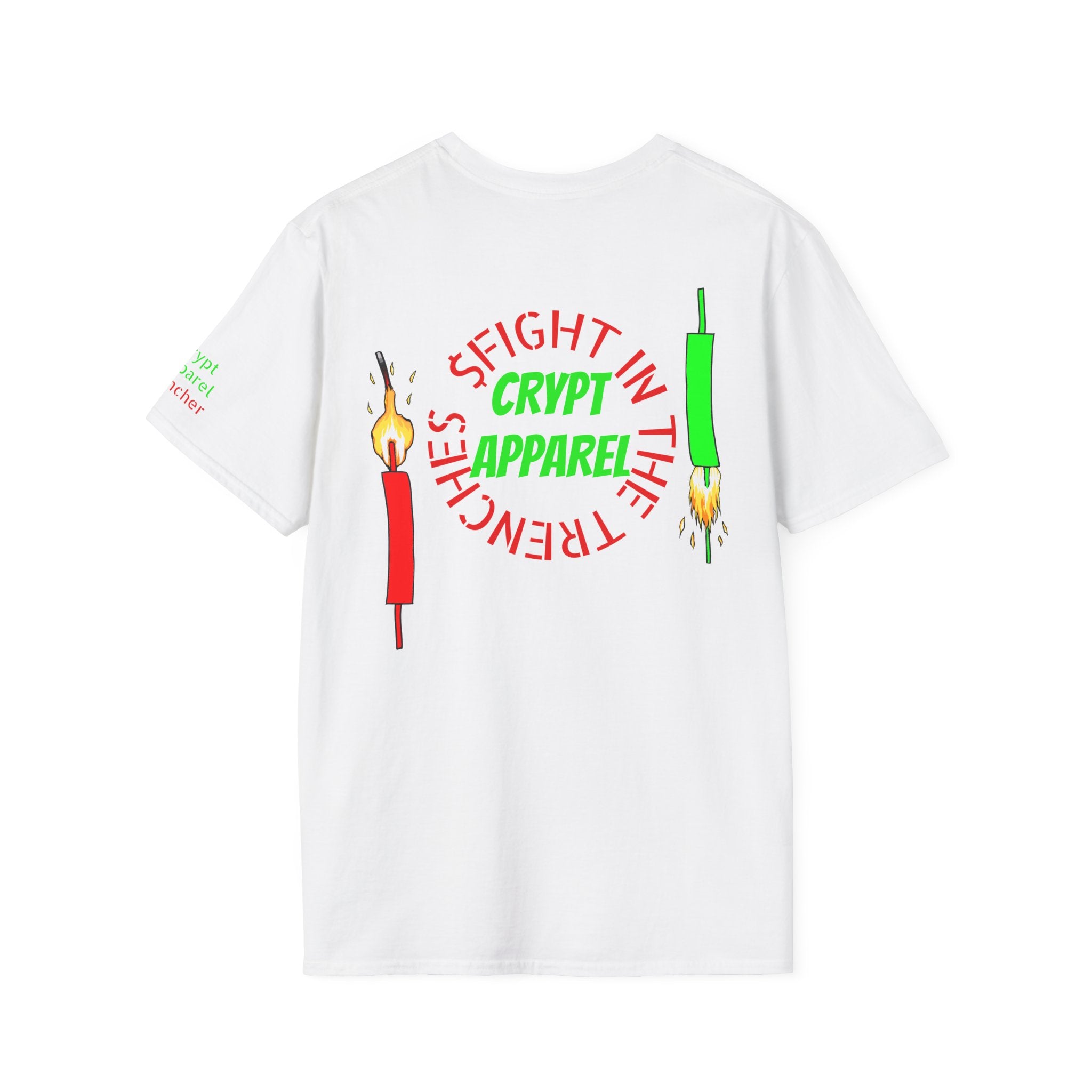The Trenches Crypto T‑Shirt — 'Crypt Apparel' Graphic Tee with Candlesticks Design