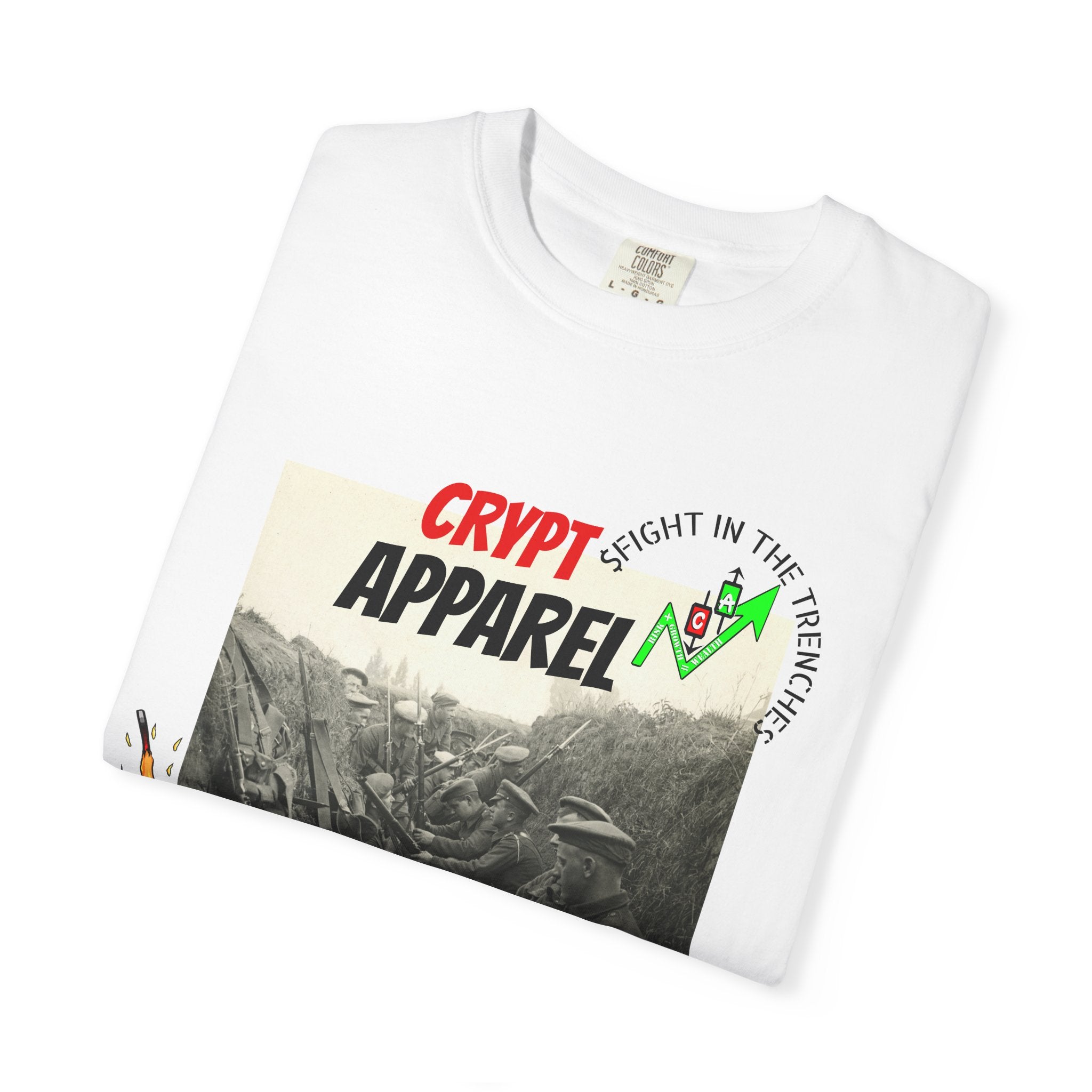 The Trenches Crypto Graphic T‑Shirt — 'Crypt Apparel' Candle Design