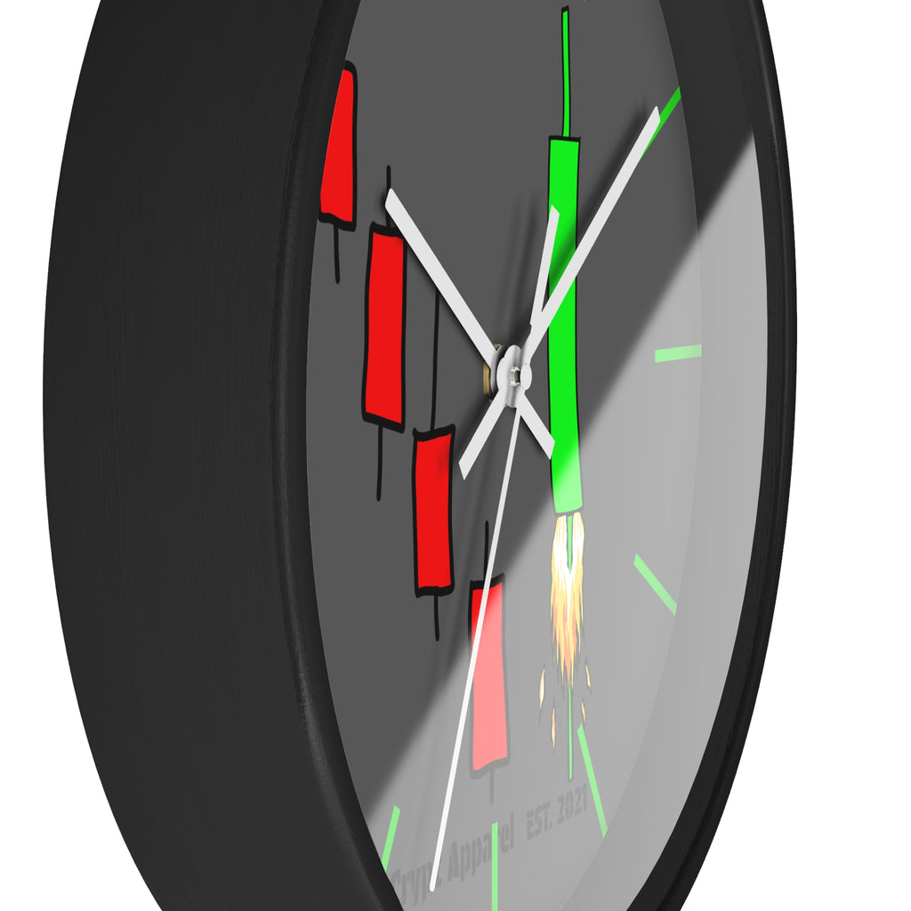 Degen Traders Crypto Candlestick Wall Clock — Crypt Apparel 'Bull Rocket' Trading Chart Clock