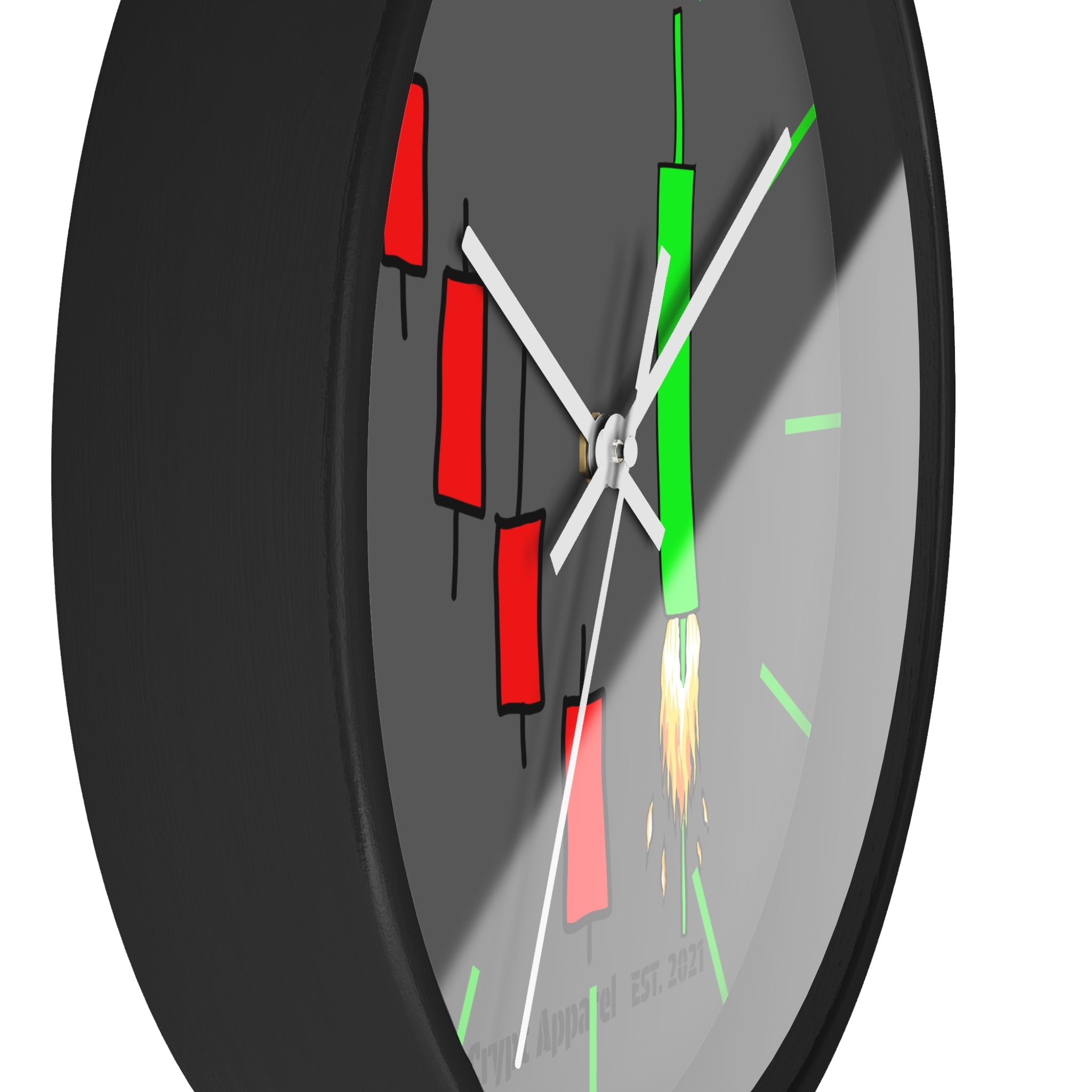 Degen Traders Crypto Candlestick Wall Clock — Crypt Apparel 'Bull Rocket' Trading Chart Clock