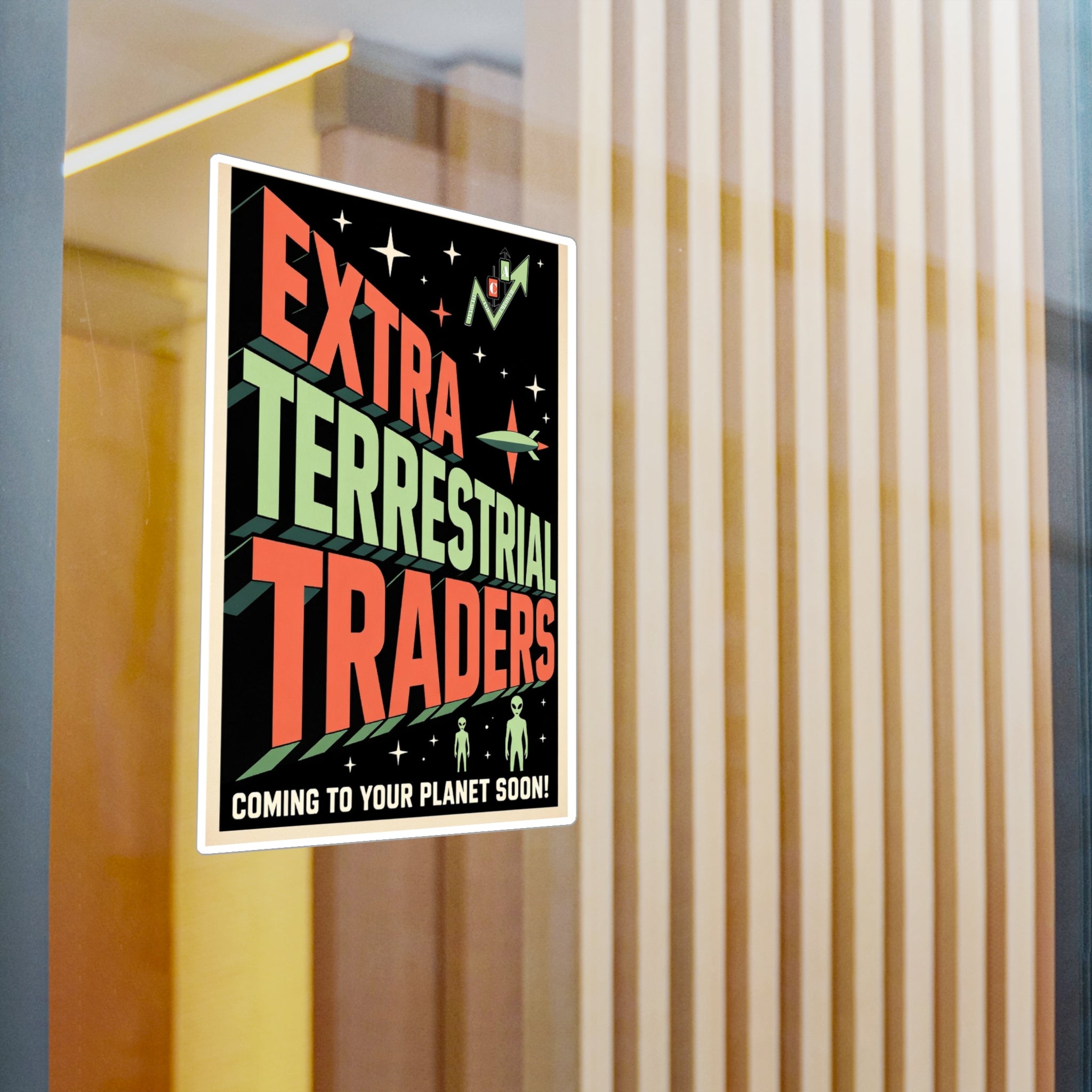 Retro Alien Crypto Movie Poster Kiss-Cut Vinyl Sticker — “Extra Terrestrial Traders”