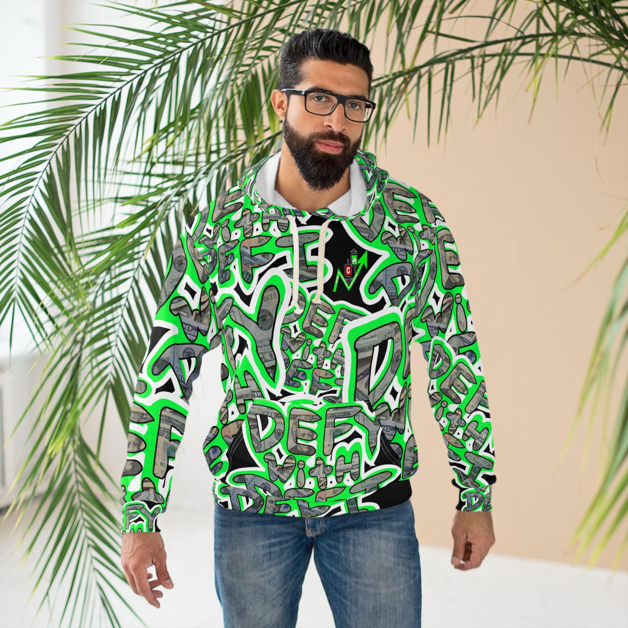 Defy with Defi Crypto Inspired Allover Print Hoodie | Neon Green Crypt Apparel Pullover