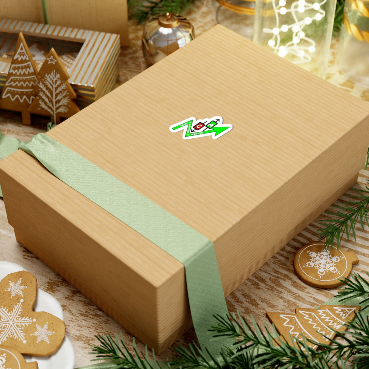 Sticker — Green Trading Arrow with Candlestick Icons (Risk vs Reward)