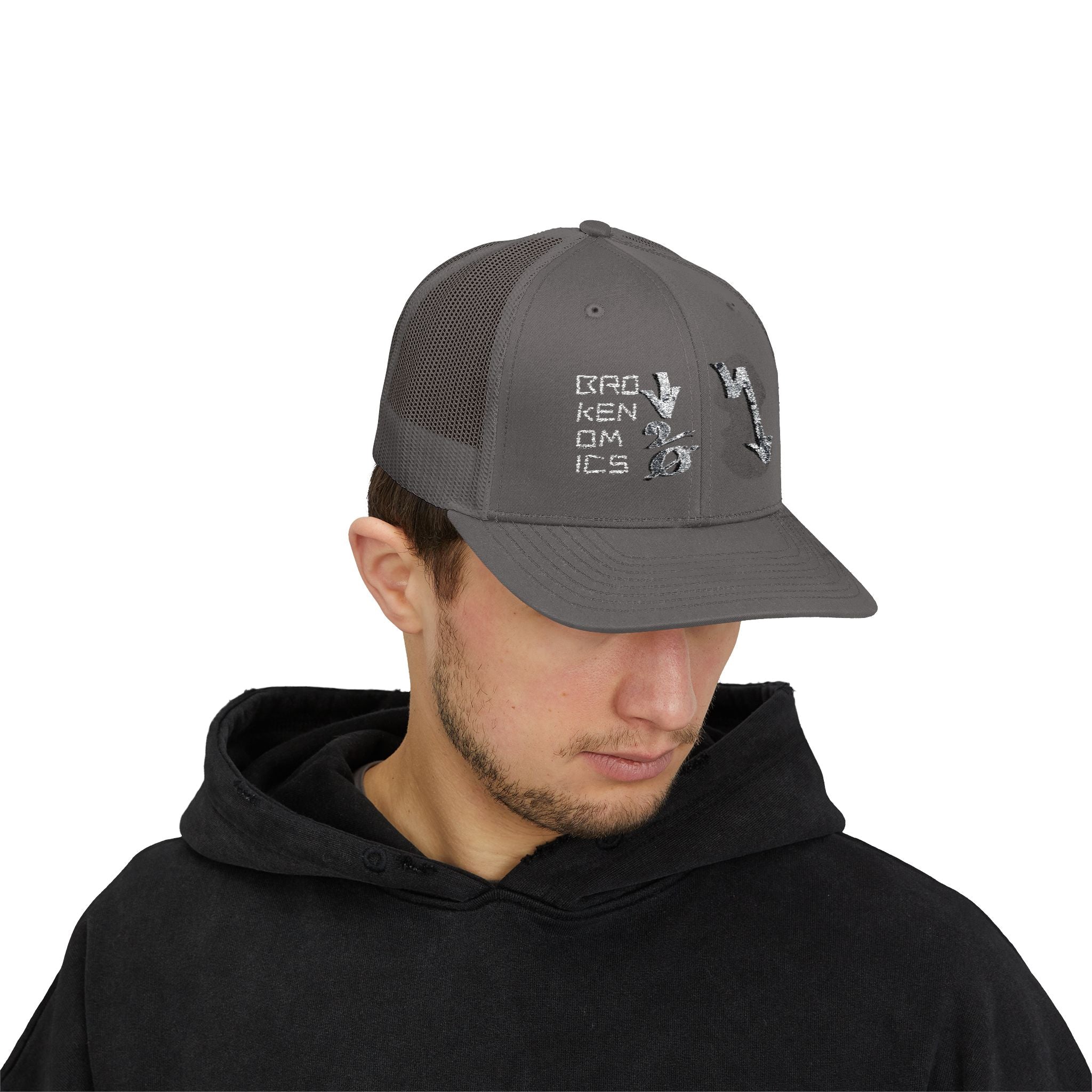 Brokenomics Crypto Trucker Cap - Crypt Apparel Distressed Arrow Graphic Snapback