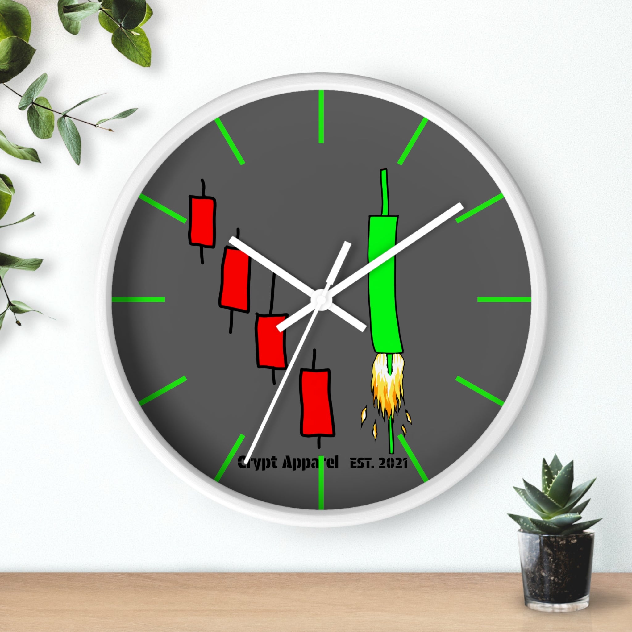 Degen Traders Crypto Candlestick Wall Clock — Crypt Apparel 'Bull Rocket' Trading Chart Clock