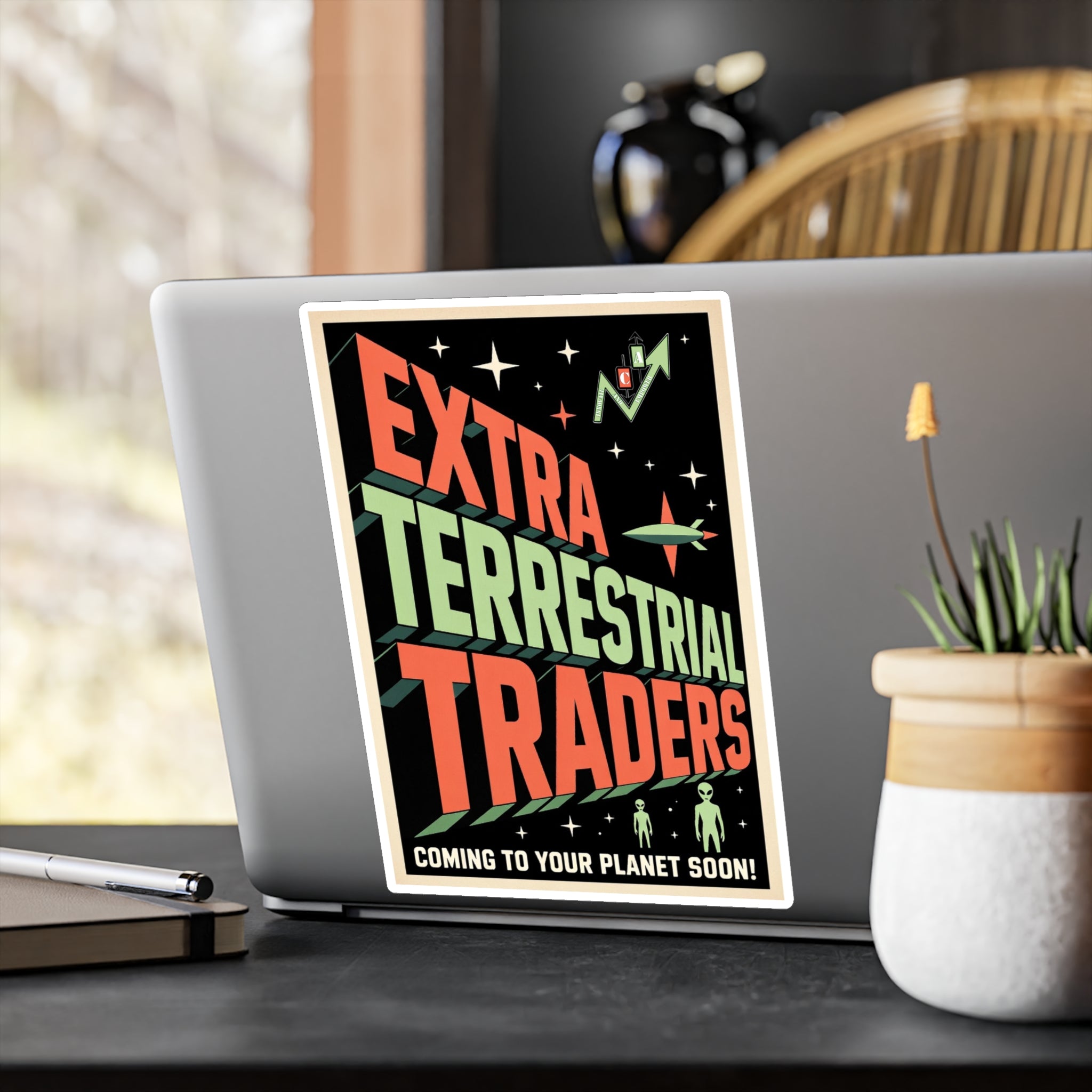Retro Alien Crypto Movie Poster Kiss-Cut Vinyl Sticker — “Extra Terrestrial Traders”