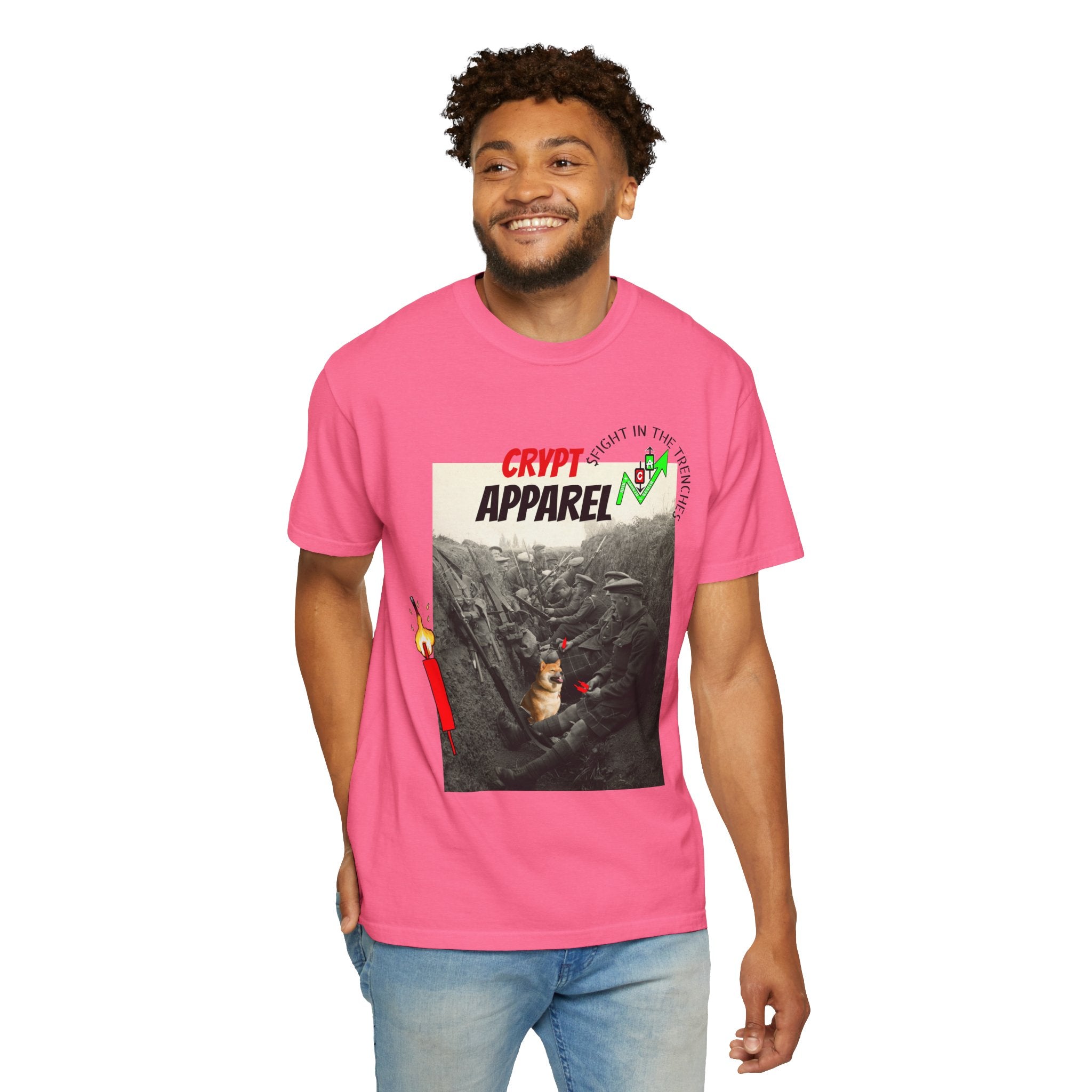 The Trenches Crypto Graphic T‑Shirt — 'Crypt Apparel' Candle Design