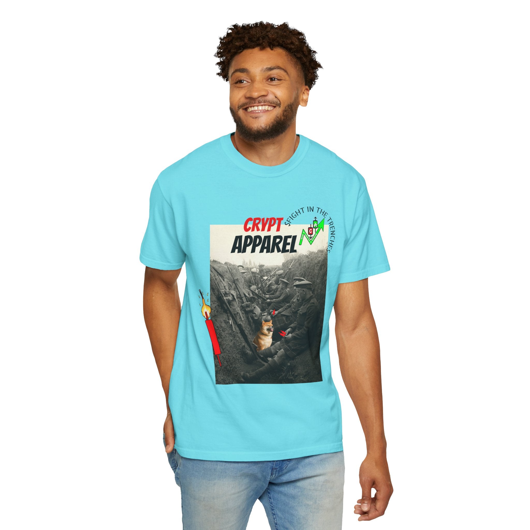 The Trenches Crypto Graphic T‑Shirt — 'Crypt Apparel' Candle Design