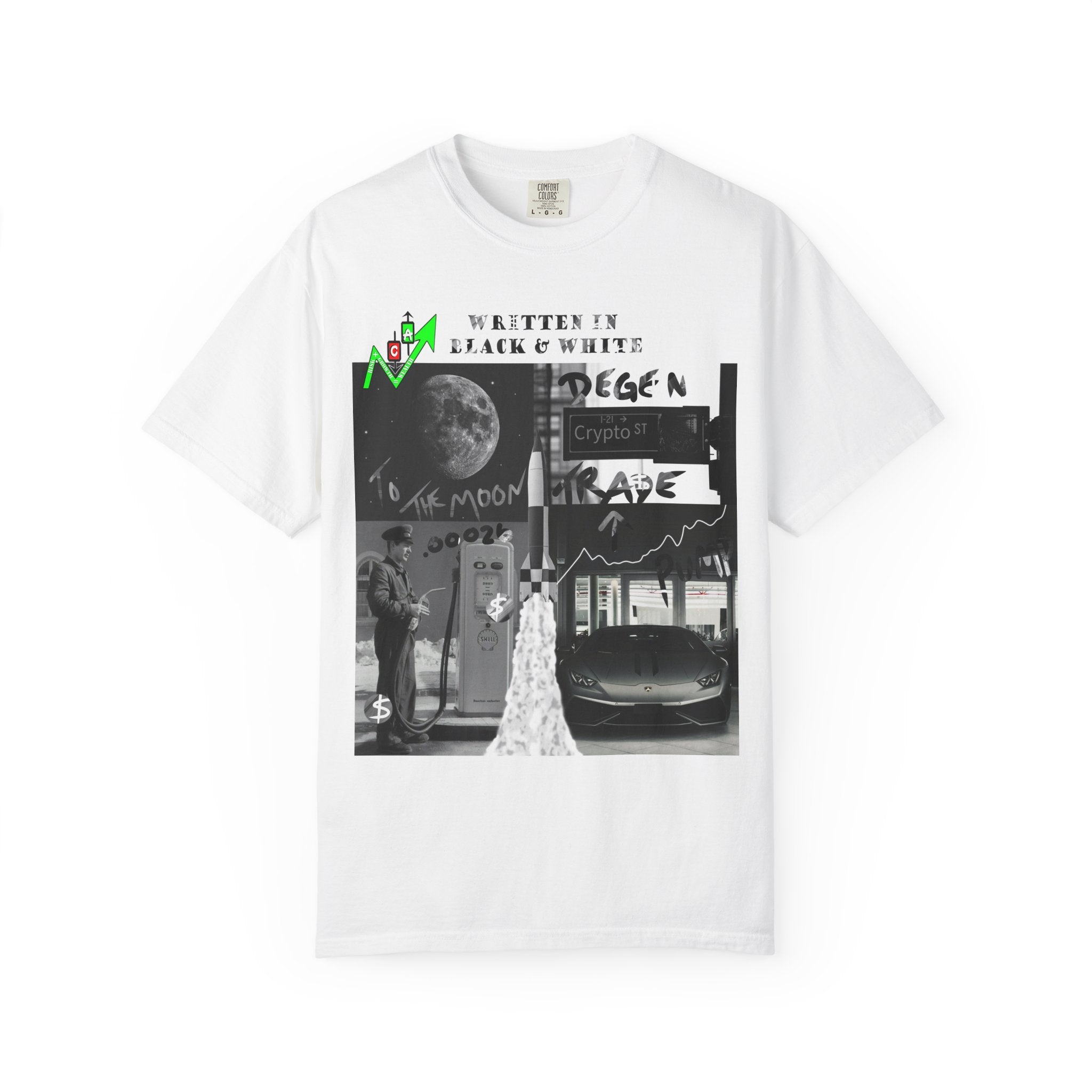 Crypt Apparel B&W crypto graphic t shirt design features iconic Bitcoin symbolism to represent Web3 culture