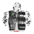 Crypt Apparel B&W all over print hoodie features iconic Bitcoin symbolism and original collage design for the crypto and web3 culture