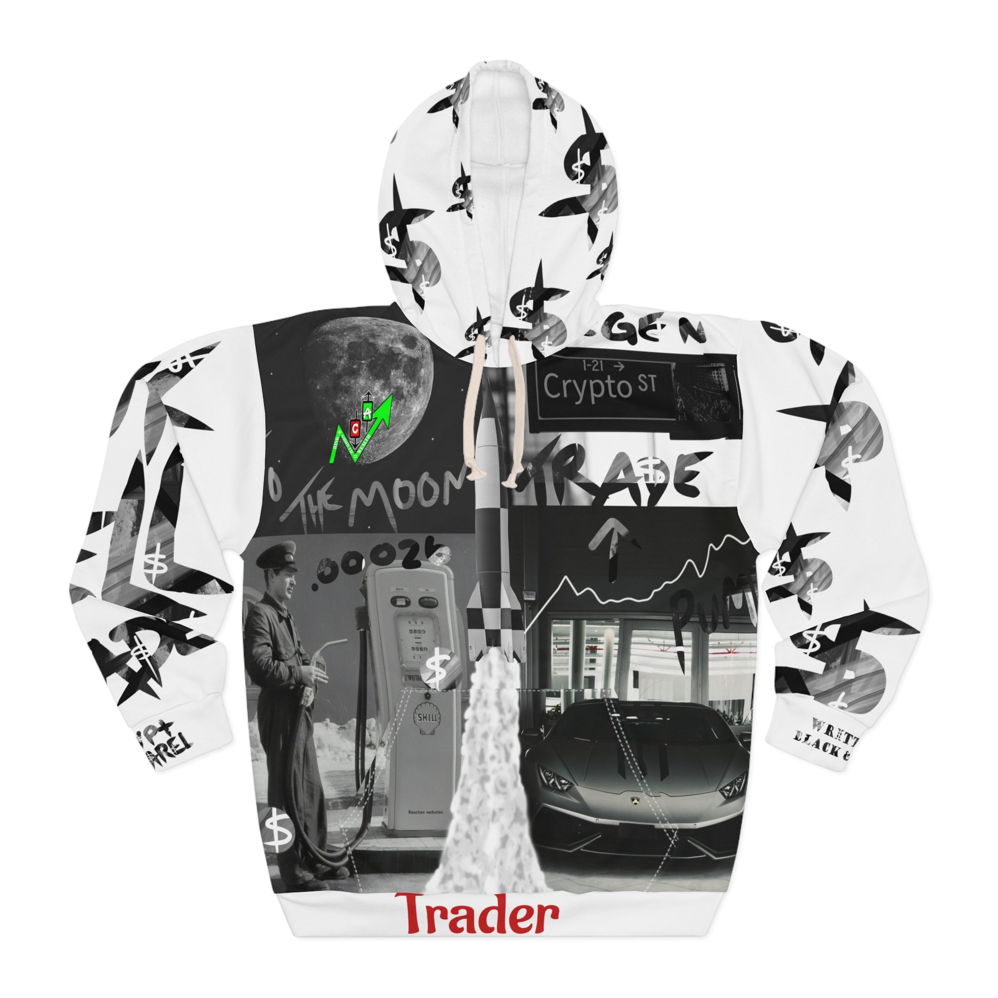 Crypt Apparel B&W all over print hoodie features iconic Bitcoin symbolism and original collage design for the crypto and web3 culture