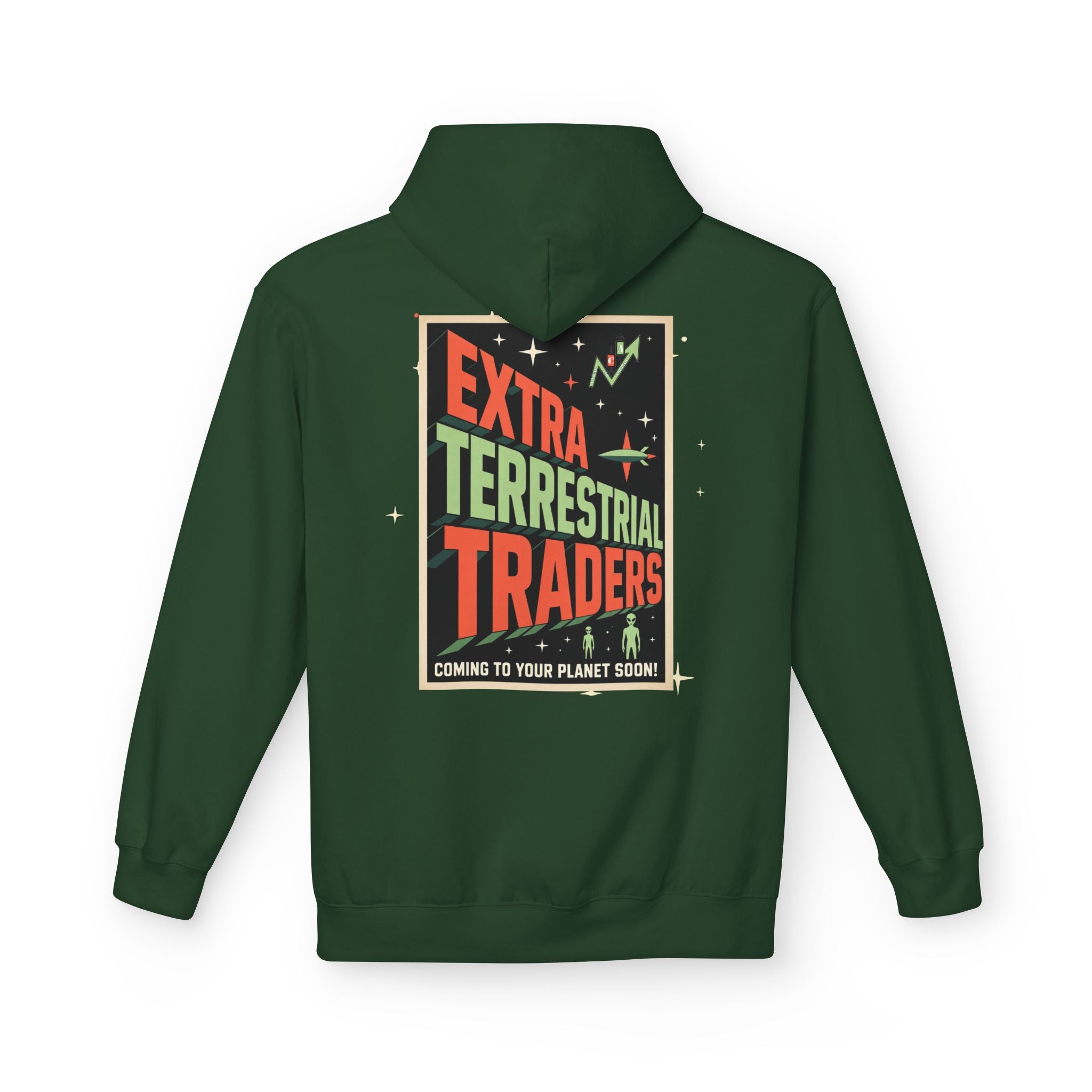 Extra Terrestrial Traders Crypto Hoodie — “Not Alone” Crypt Apparel Retro Sci‑Fi Graphic