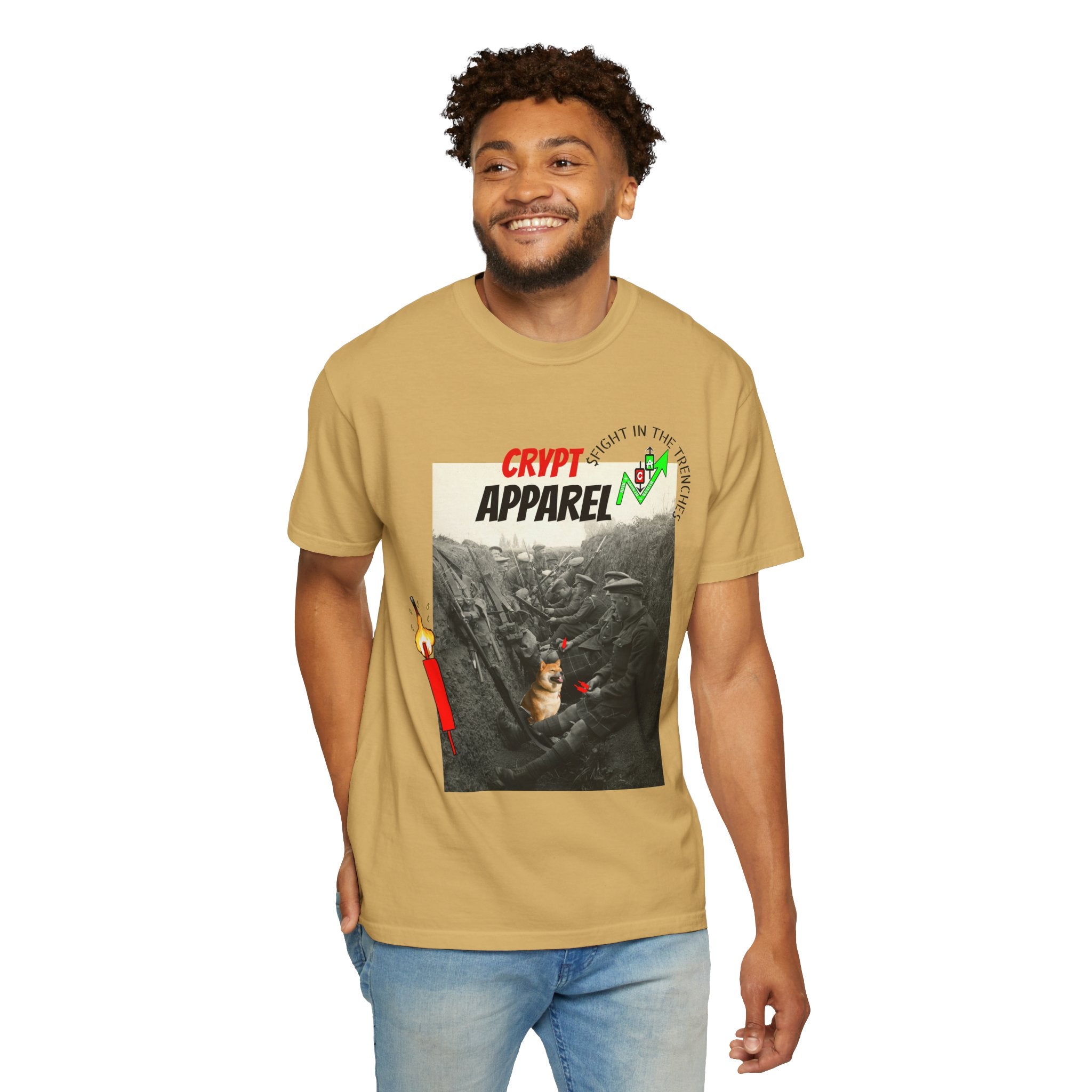 The Trenches Crypto Graphic T‑Shirt — 'Crypt Apparel' Candle Design