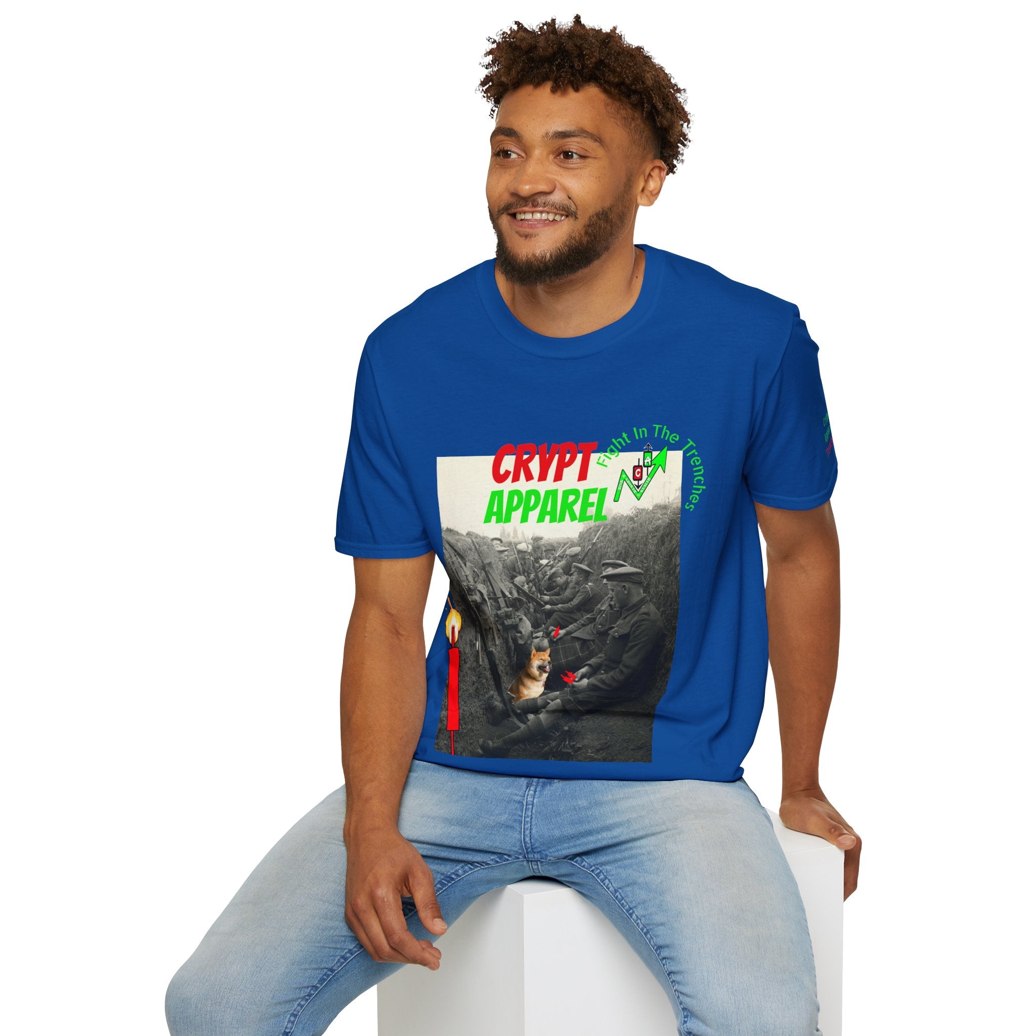 The Trenches Crypto T‑Shirt — 'Crypt Apparel' Graphic Tee with Candlesticks Design