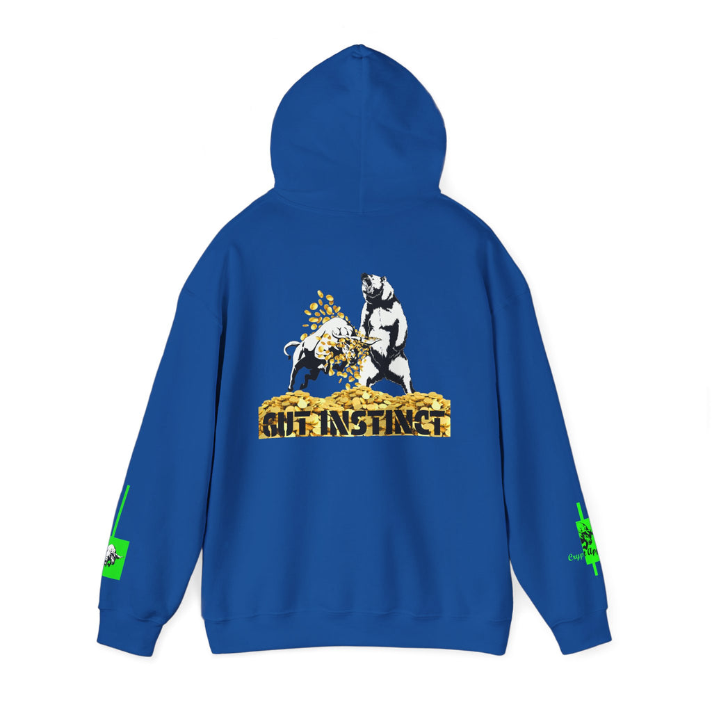 The back side of Gut Instinct Crypto Bull Vs Bear Market Hoodie By Crypt Apparel