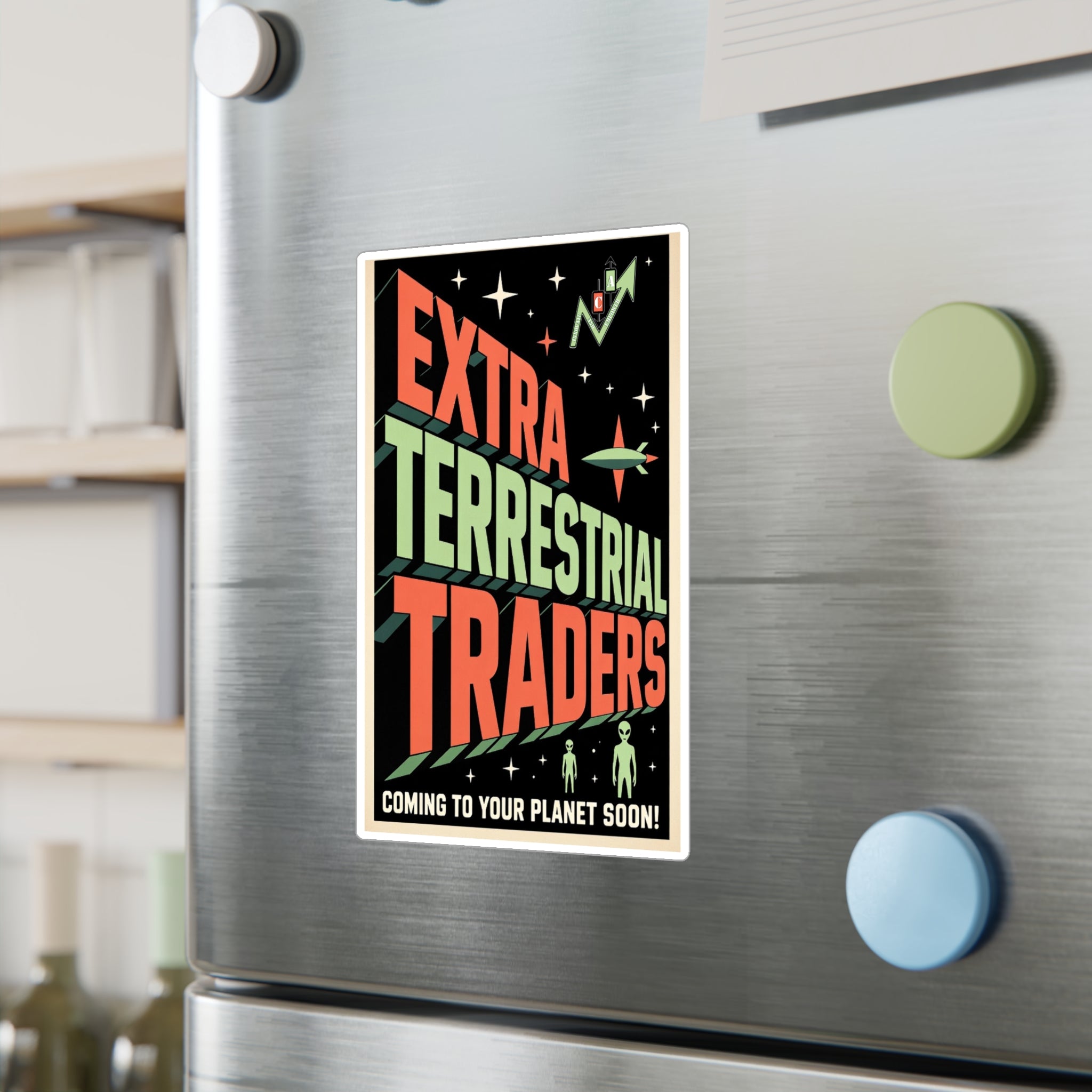 Retro Alien Crypto Movie Poster Kiss-Cut Vinyl Sticker — “Extra Terrestrial Traders”
