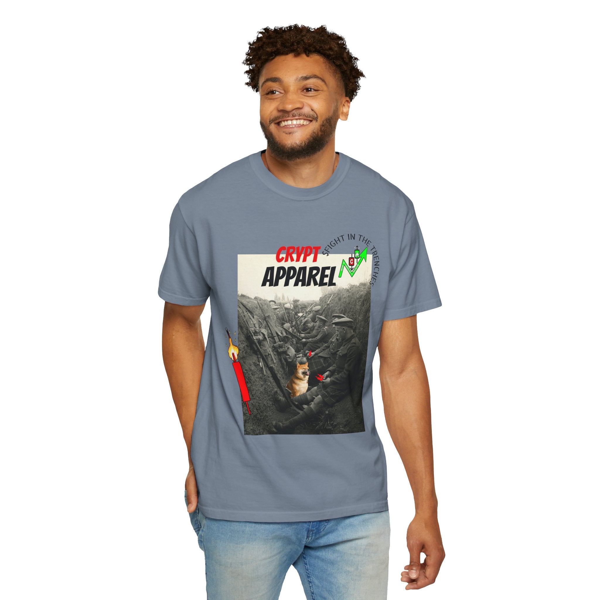 The Trenches Crypto Graphic T‑Shirt — 'Crypt Apparel' Candle Design