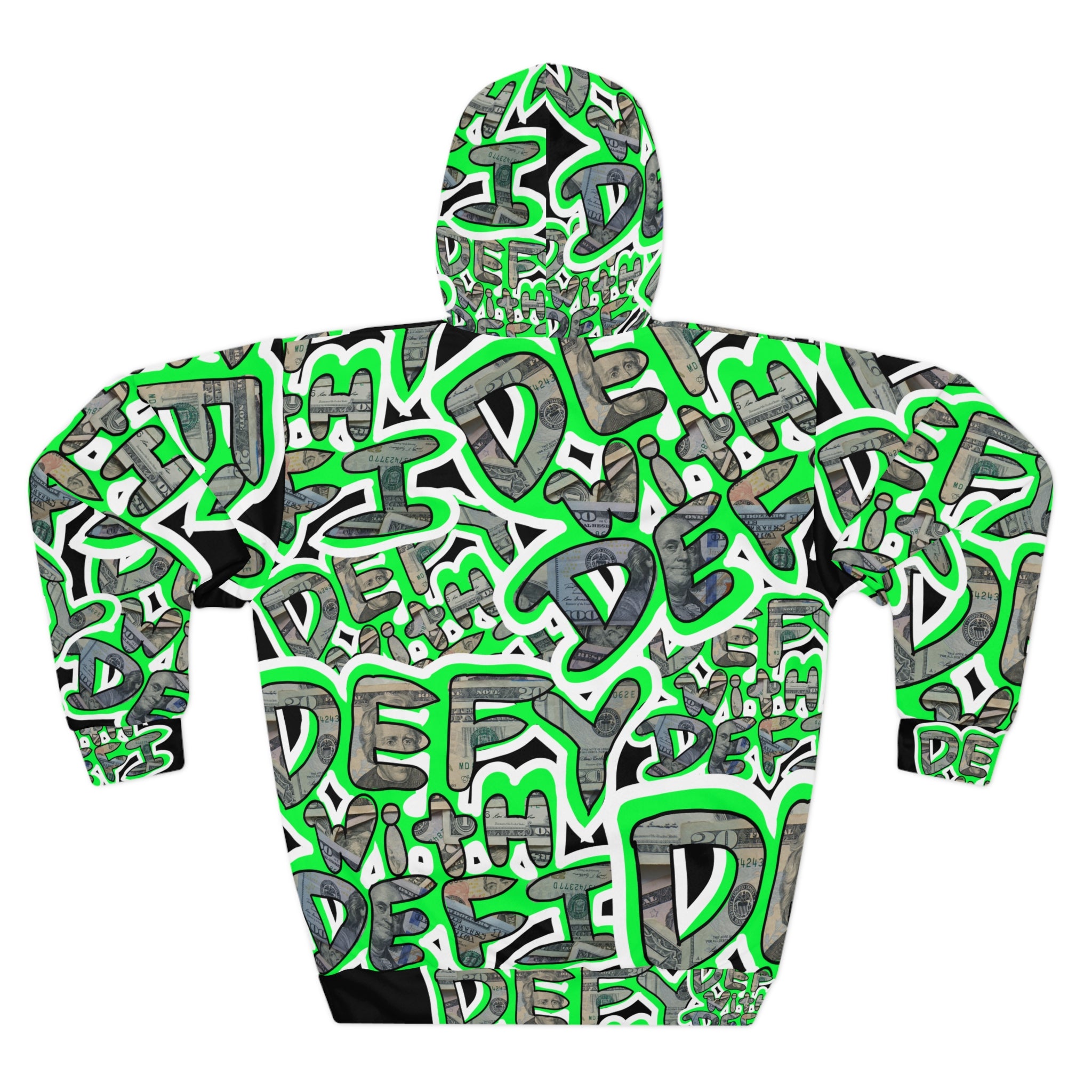 Defy with Defi Crypto Inspired Allover Print Hoodie | Neon Green Crypt Apparel Pullover