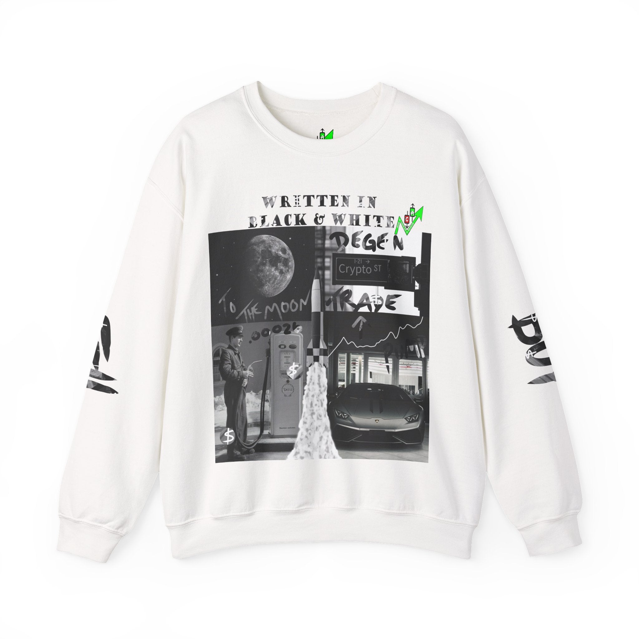 Crypt Apparel B&W crewneck sweatshirt featuring iconic Bitcoin symbolism for the Web3 culture