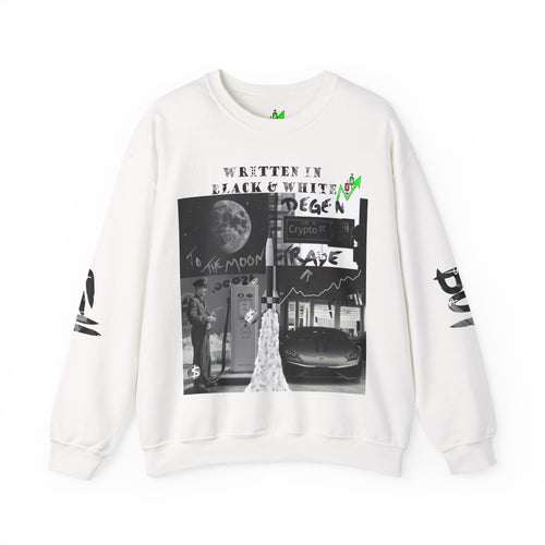 Crypt Apparel B&W crewneck sweatshirt featuring iconic Bitcoin symbolism for the Web3 culture