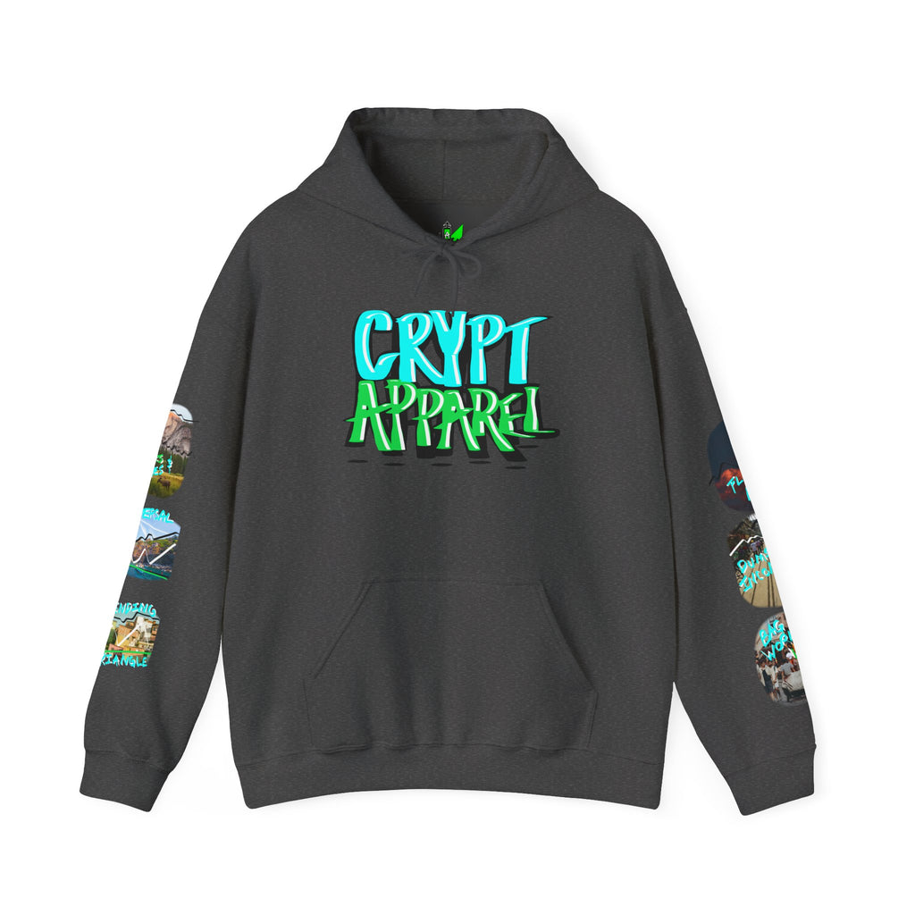 Black hoodie with 'CRYPT APPAREL' text and colorful graphics on sleeves, crypto trading, stock market, bitcoin clothing.