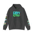 Black hoodie with 'CRYPT APPAREL' text and colorful graphics on sleeves, crypto trading, stock market, bitcoin clothing.