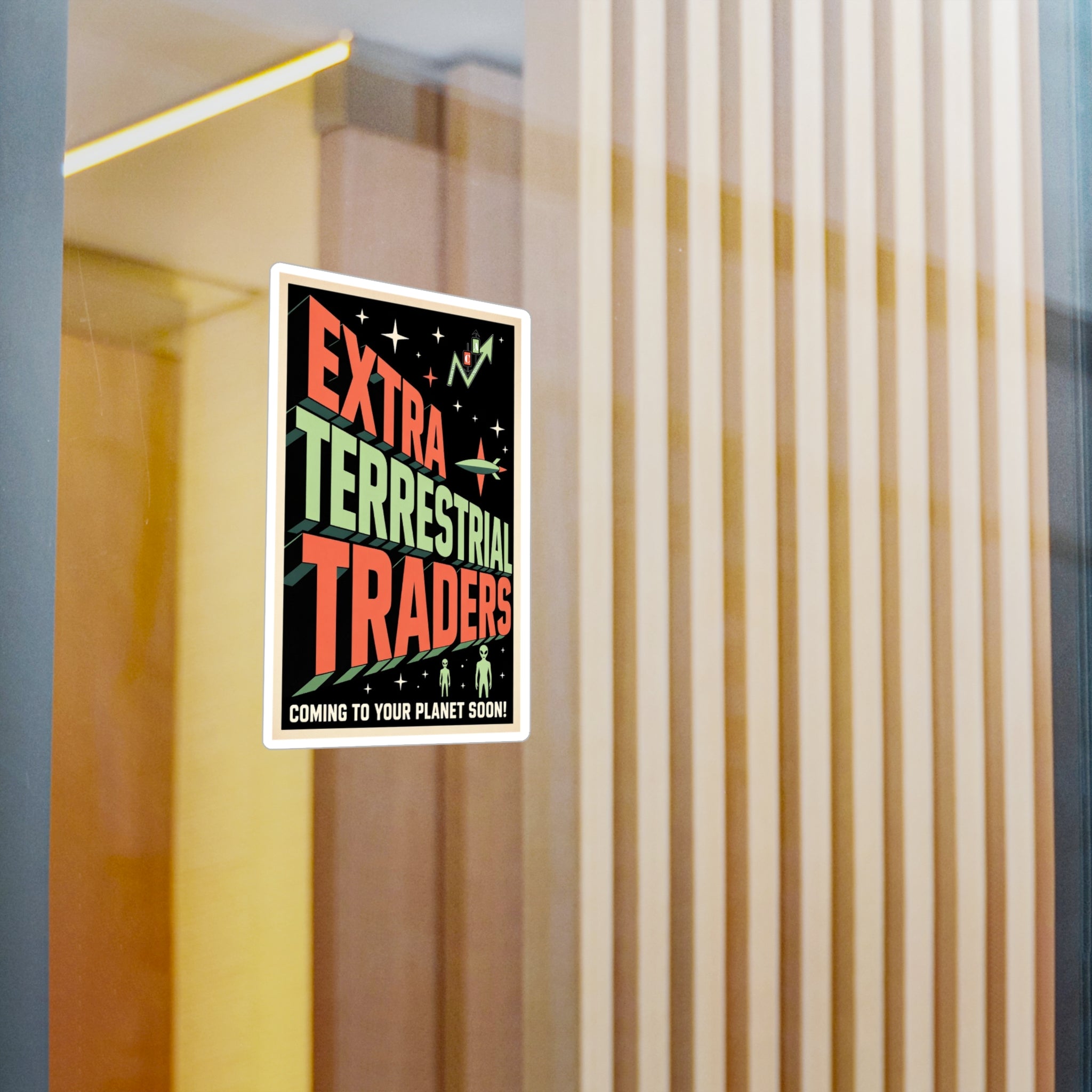 Retro Alien Crypto Movie Poster Kiss-Cut Vinyl Sticker — “Extra Terrestrial Traders”