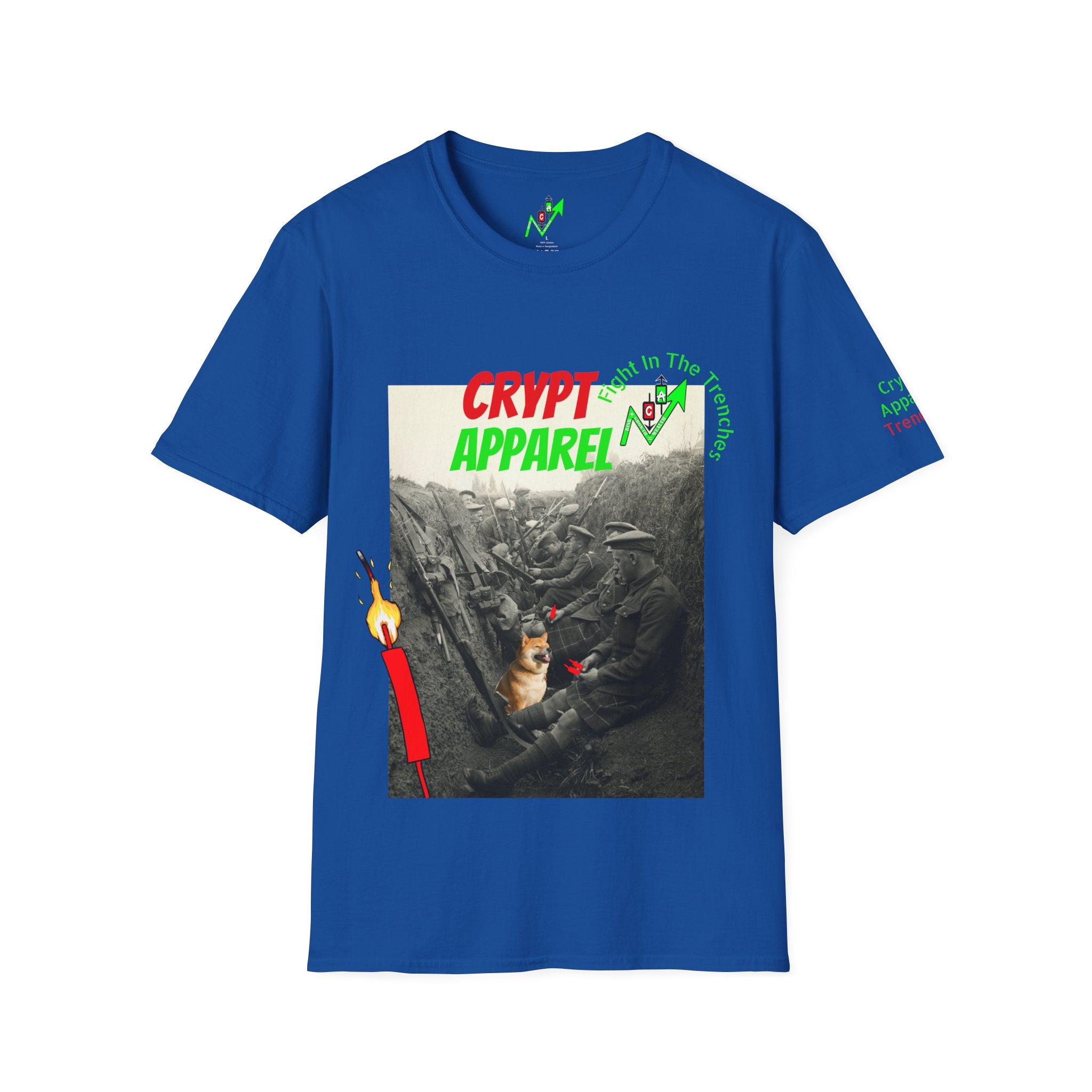 The Trenches Crypto T‑Shirt — 'Crypt Apparel' Graphic Tee with Candlesticks Design