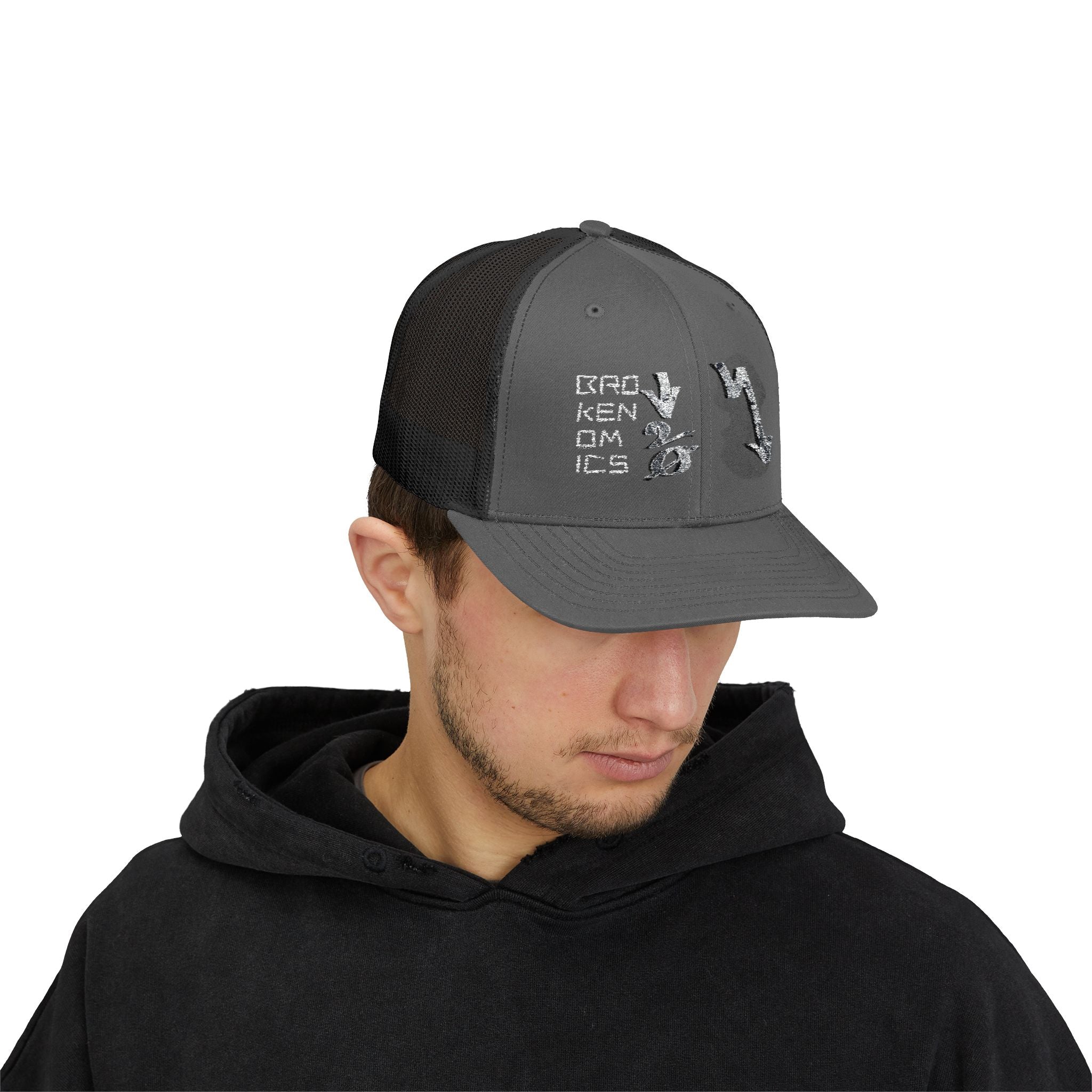 Brokenomics Crypto Trucker Cap - Crypt Apparel Distressed Arrow Graphic Snapback