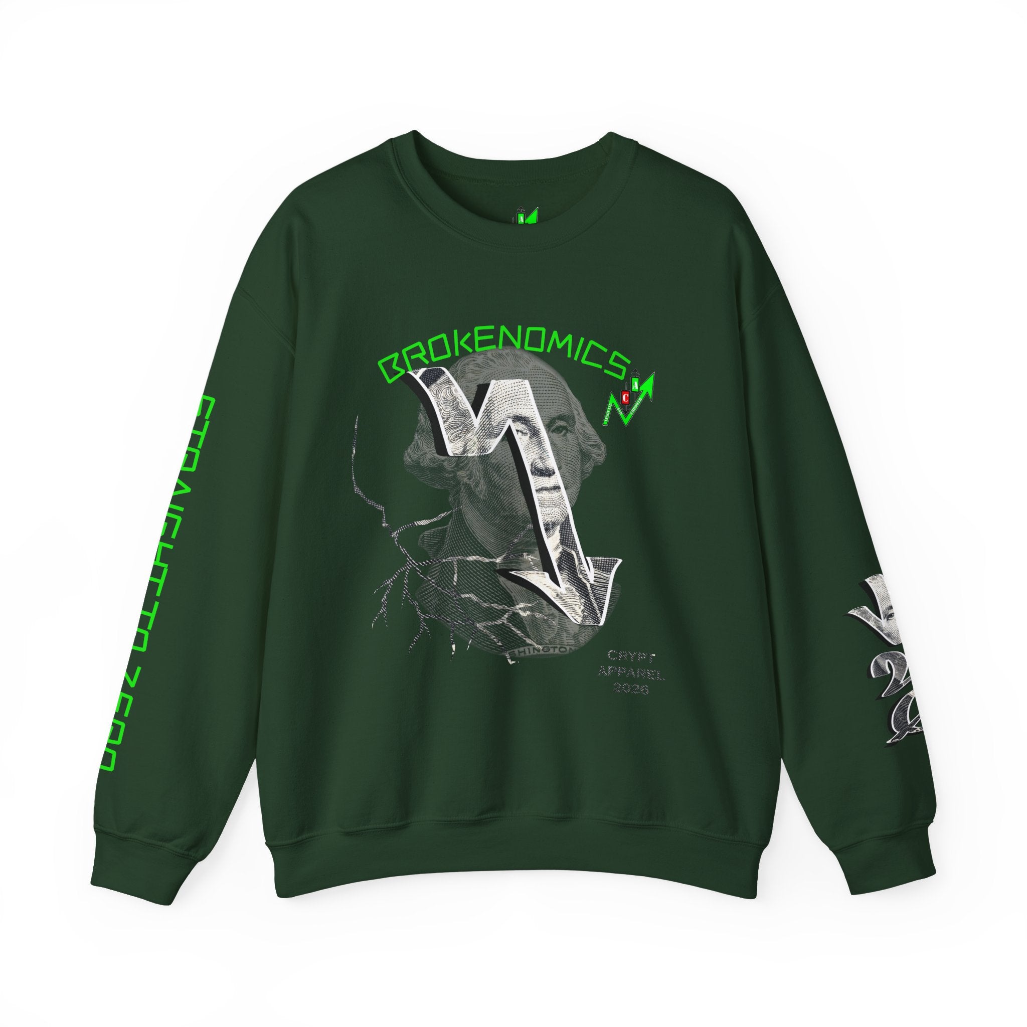 Brokenomics Crypto Crewneck Sweatshirt — Crypt Apparel Graphic Pullover with Neon Green Accents
