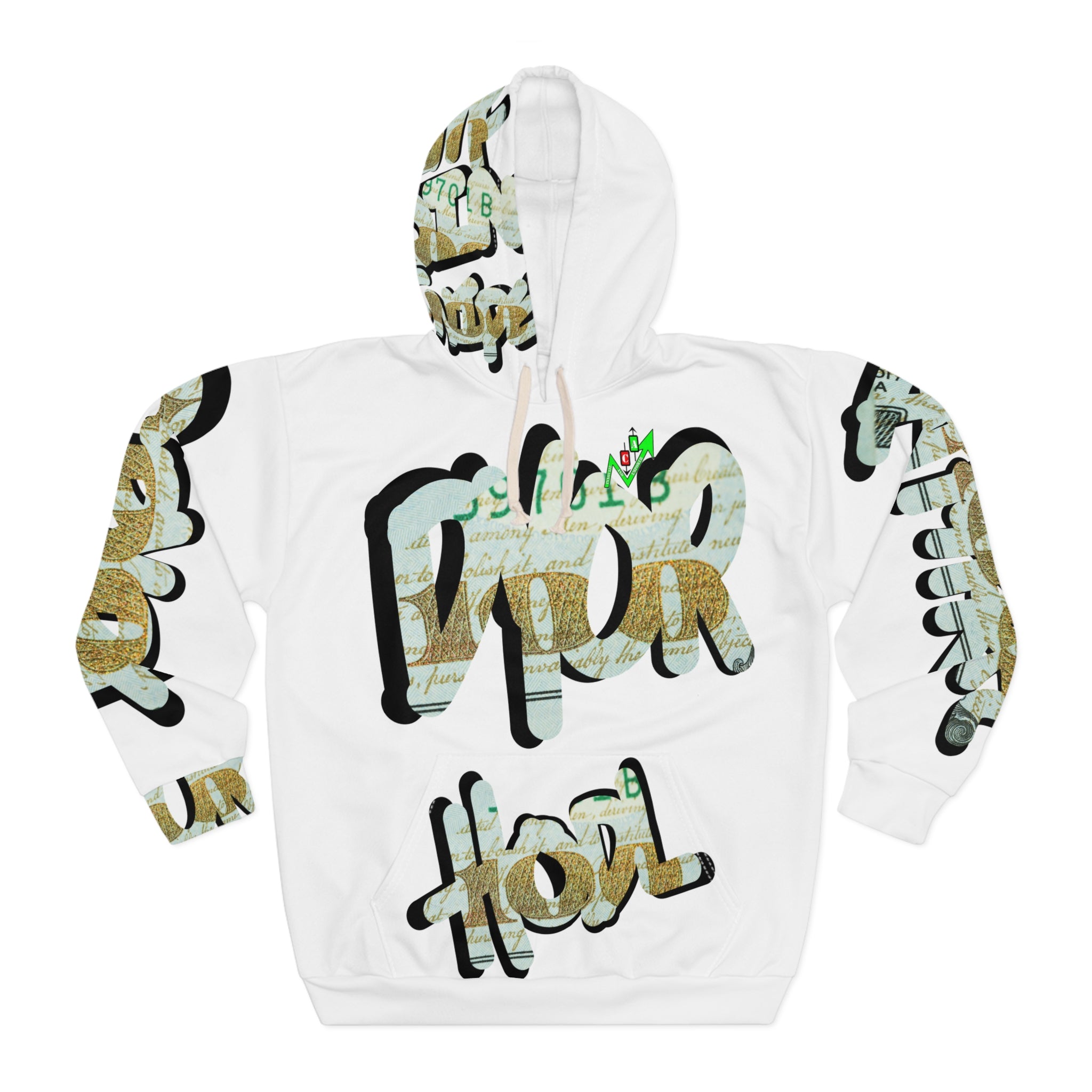 CA 100 Crypto verbiage DYOR and HODL with Money graphic hoodie, all over print design by Crypt Apparel, featuring gold, green, and black lettering on a white background